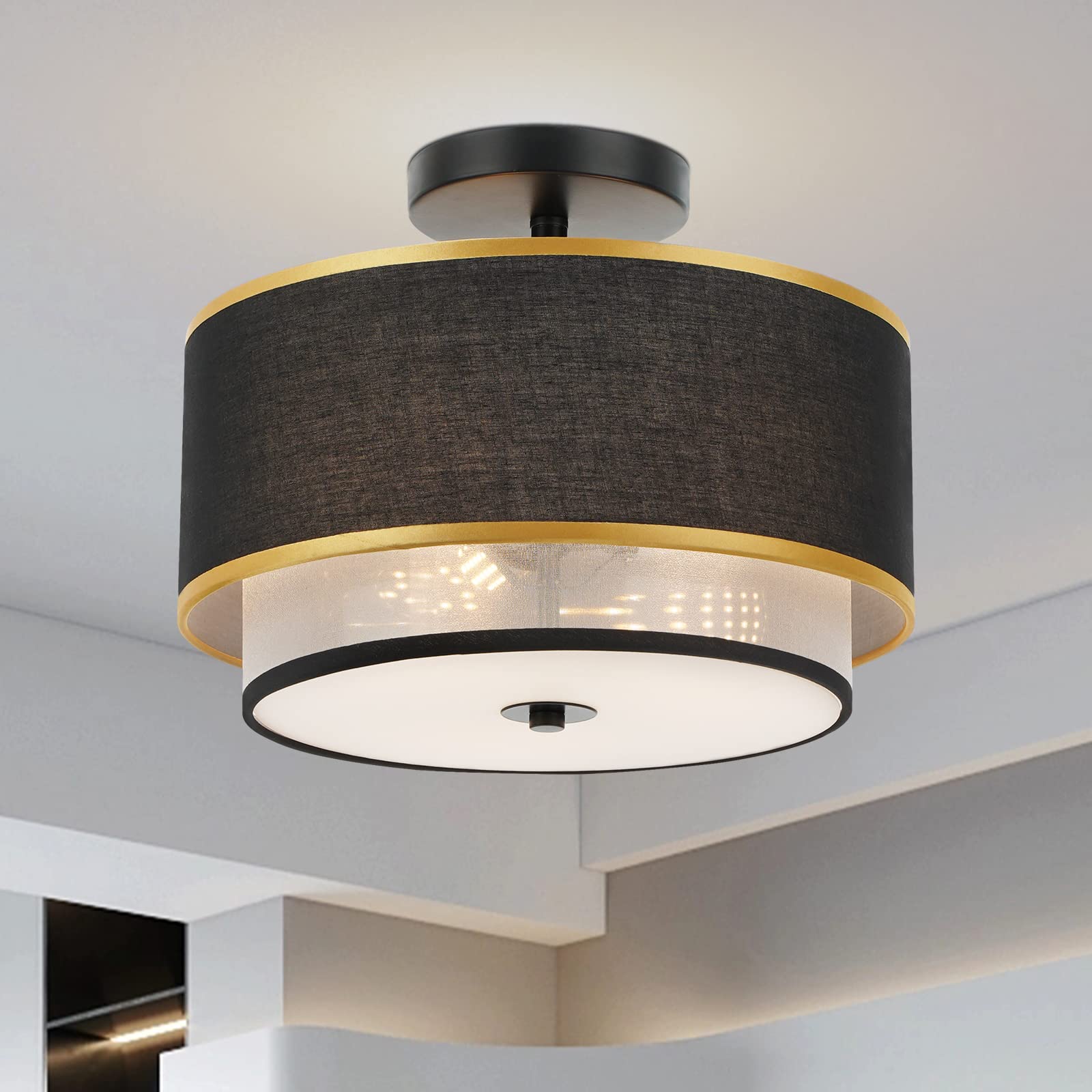 Modern Semi Flush Mount Ceiling Light - Easric Light Fixtures Ceiling Mount Hallway Light Fixtures Ceiling with Black 2-Layer Fabric Shade Drum Ceiling Lights for Bedroom,Dining Room,Kitchen,Foyer