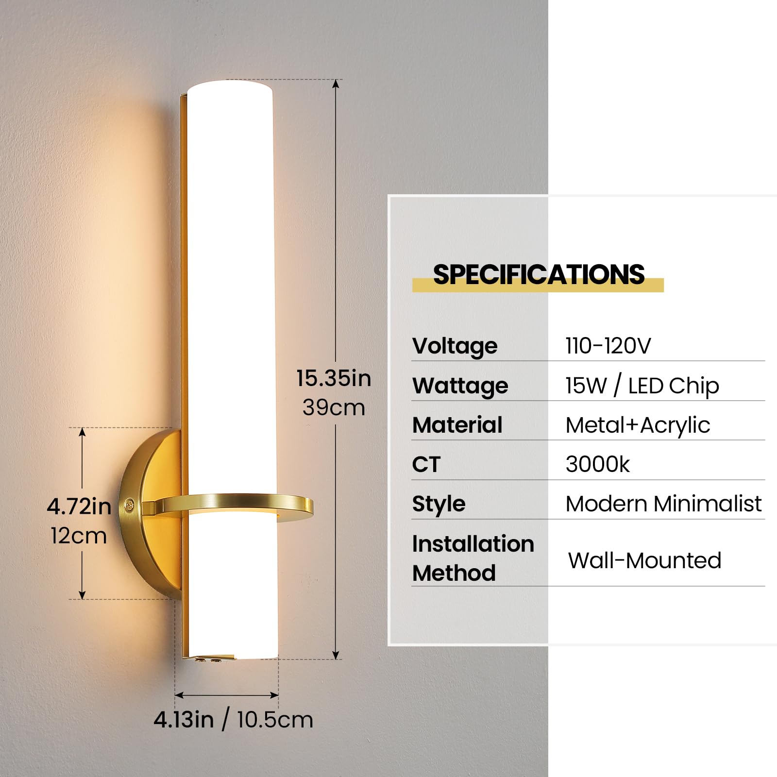 Gold Wall Sconces Set of Two - Dimmable Modern Sconces Wall Lighting 18W 3000K Led Wall Lights Acrylic Lampshade Hardwired Wall Light Fixtures for Living Room Bedroom Bathroom Hallway