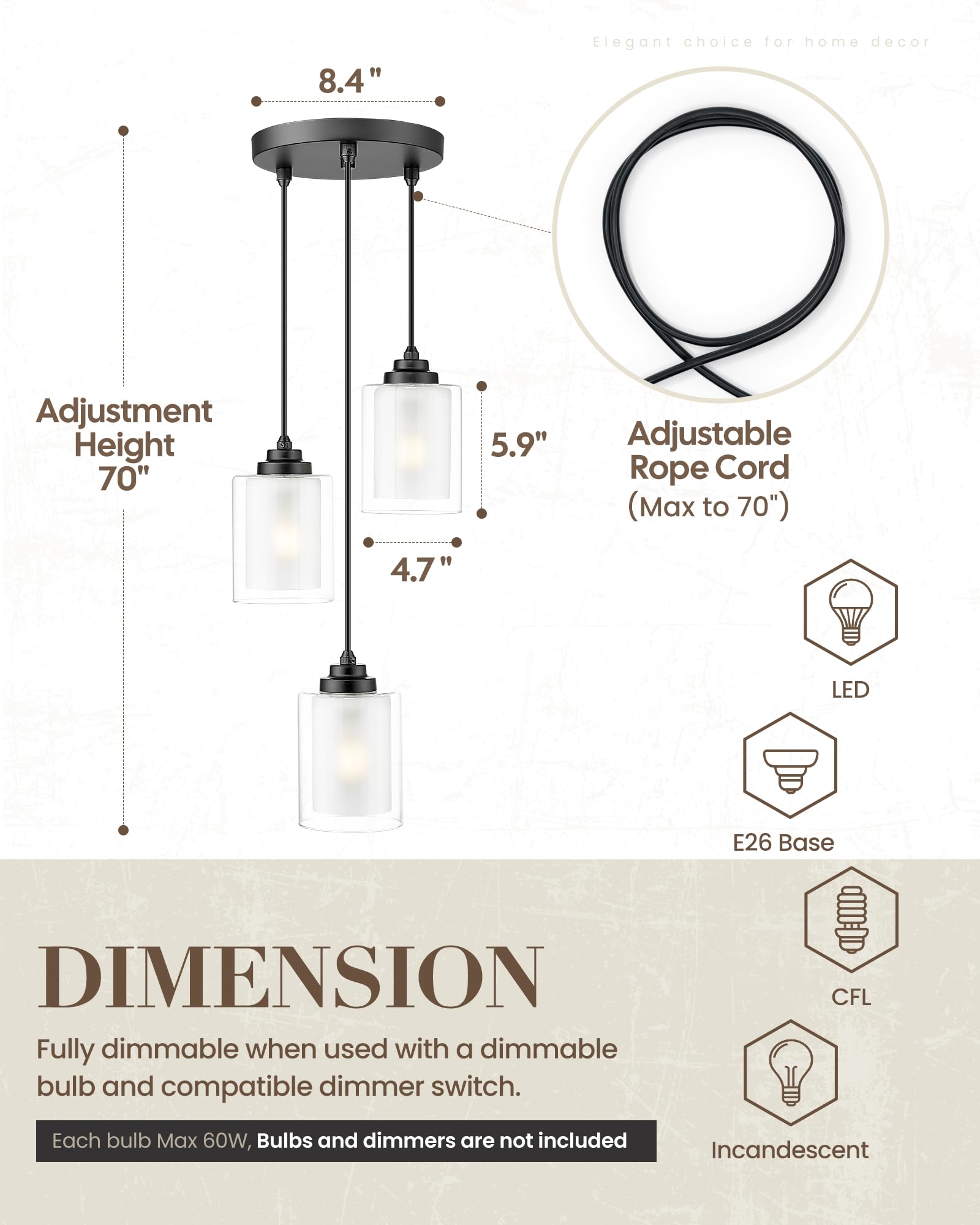 TENGXIN 3-Lights Modern Pendant Light with Glass Shade Brushed Nickel Pendant Lighting Adjustable Industrial Retro Style Hanging Light Fixture for Kitchen, Farmhouse