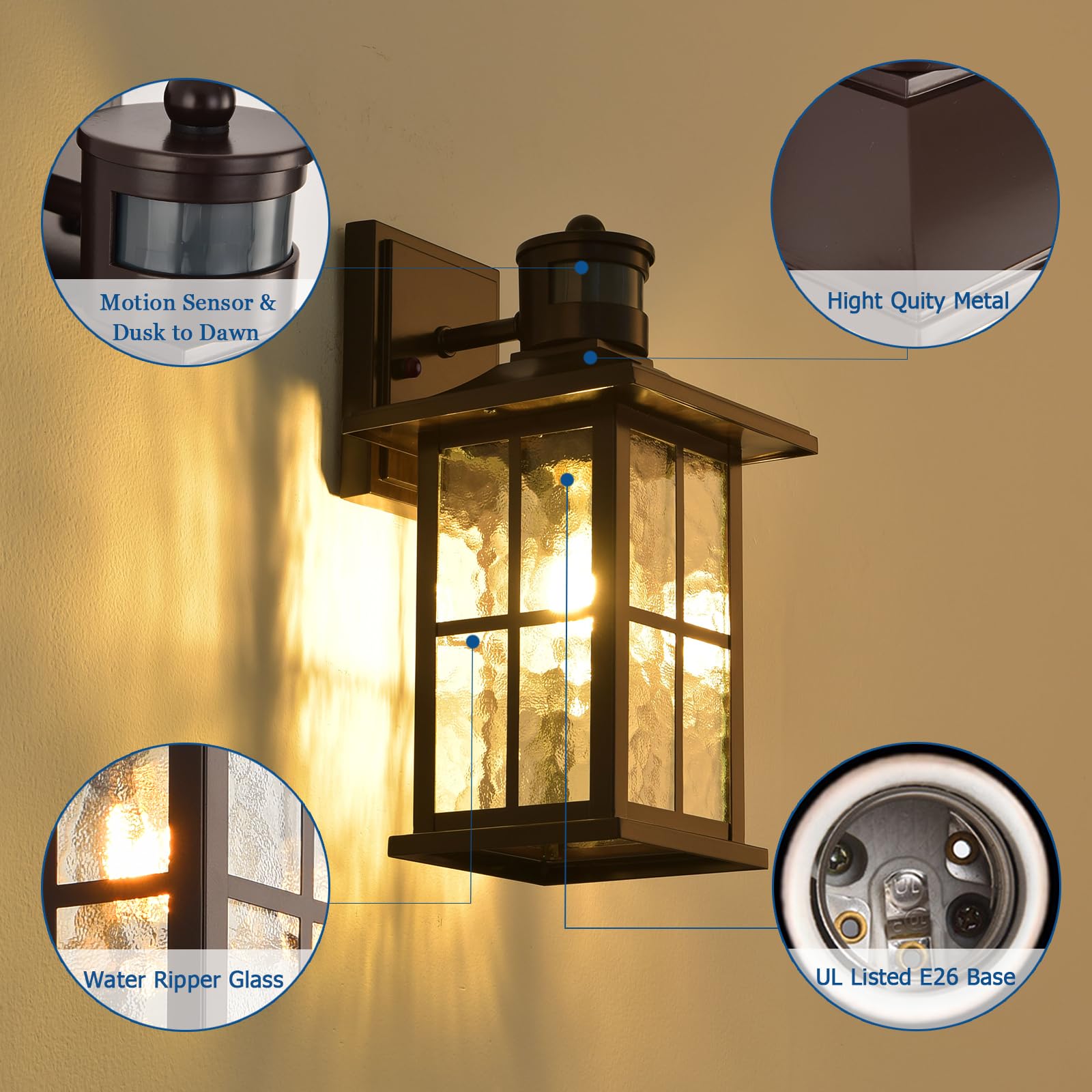 Motion Sensor Outdoor Wall Lantern Dusk to Dawn Exterior Porch Light Fixture Brown Outside Garage Sconce Lighting Waterproof Farmhouse Wall Mount Carriage Lamp for House Patio Doorway