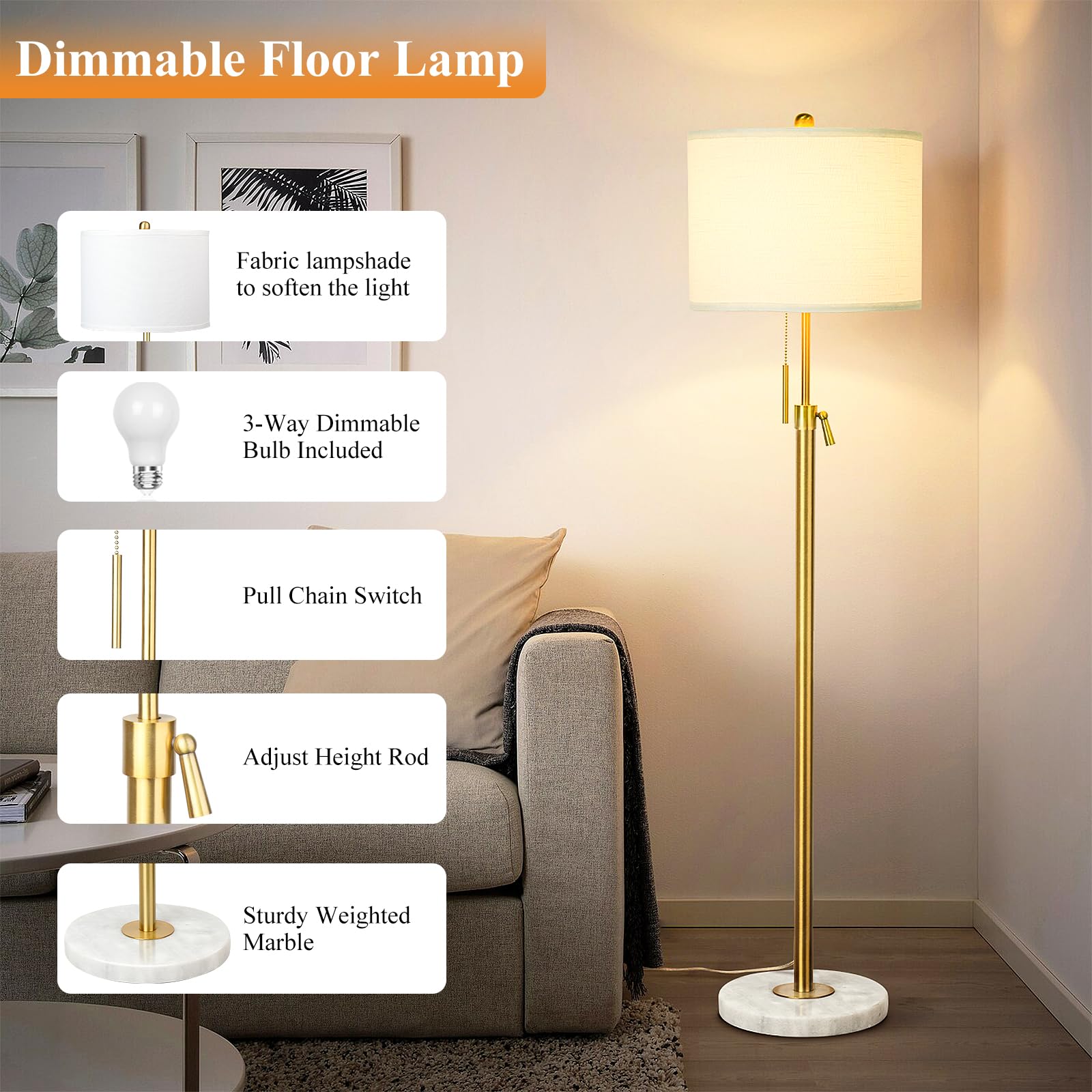 Floor Lamp for Living Room Adjustable Tall Standing Lamp, 3-Way Dimmable Floor Lamp for Bedroom Office, Black Gold Lamp with Marble Base and White Linen Shade, 6W 3000K LED Blub Included