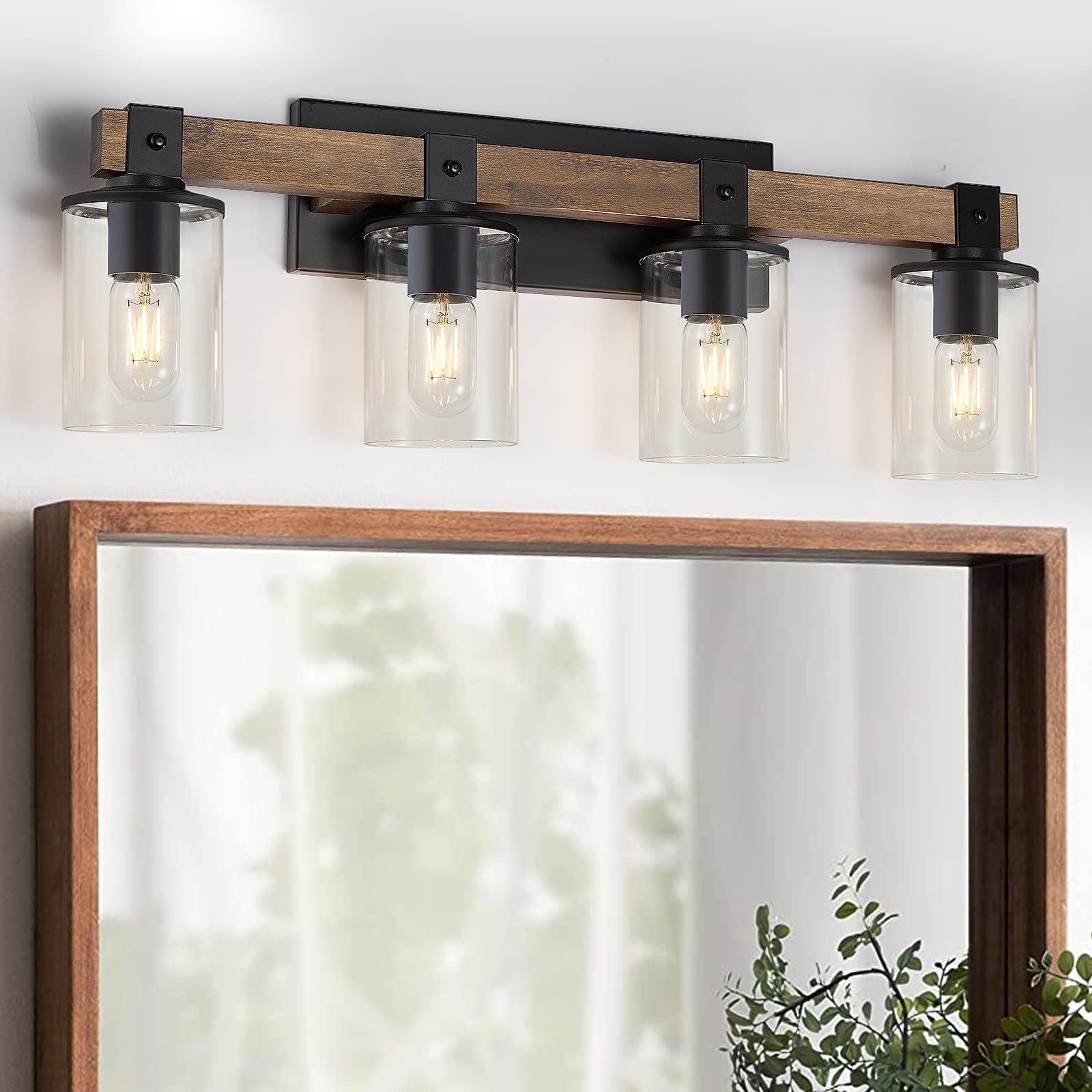 Wood Vanity Lights,3-Light Farmhouse Bathroom Lighting Fixtures with Clear Glass Shade,Industrial Vintage Rustic Wall Lamp for Bedroom,Living Room,Hallway (3-Light, Antique Wood)