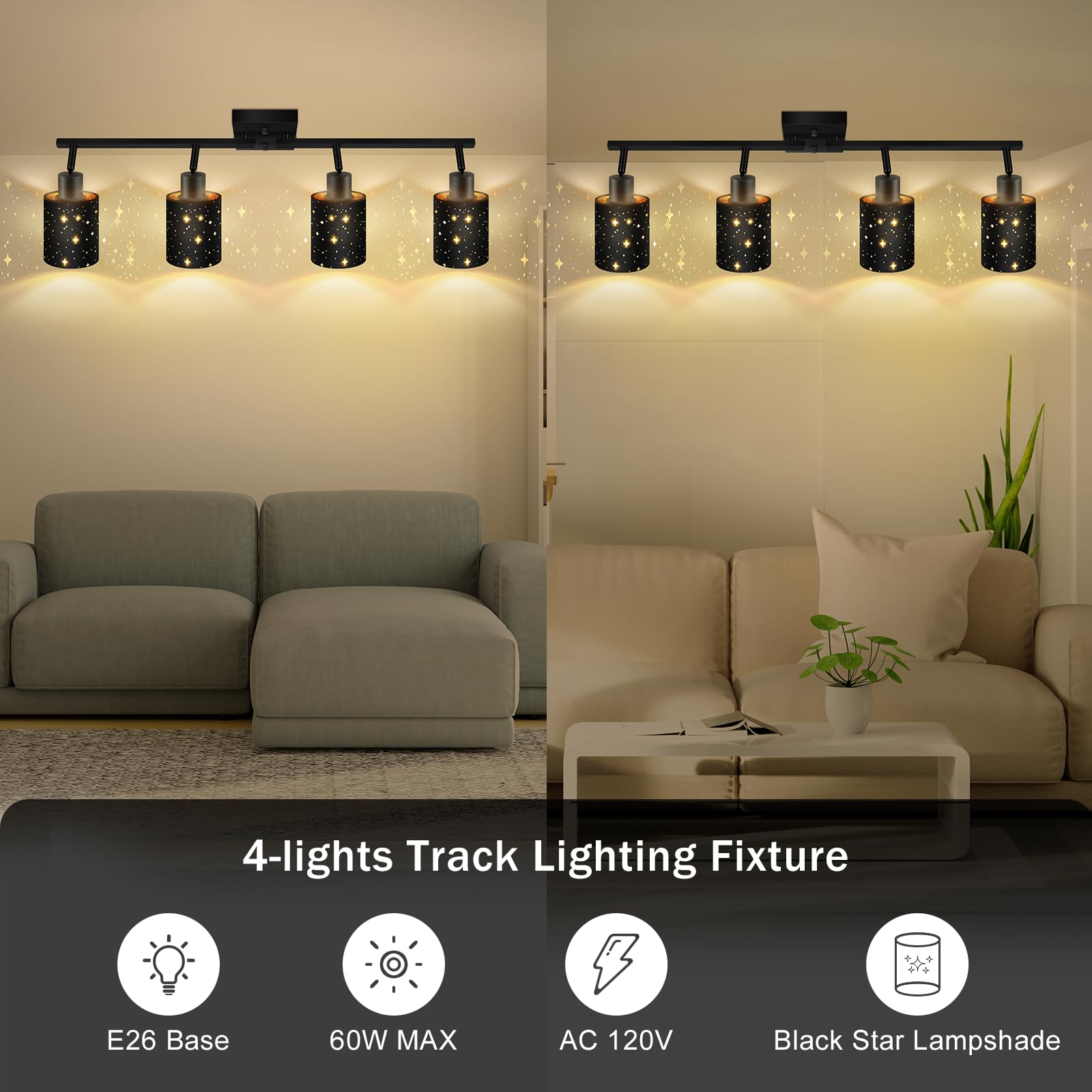 4-Light Track Lighting Fixtures with Clear Glass Shade, Modern Kitchen Lighting Fixtures Ceiling, Rotatable Track Head, Wall Mount Track Light for Bedside Vanity Hallway Bedroom, Matte Black