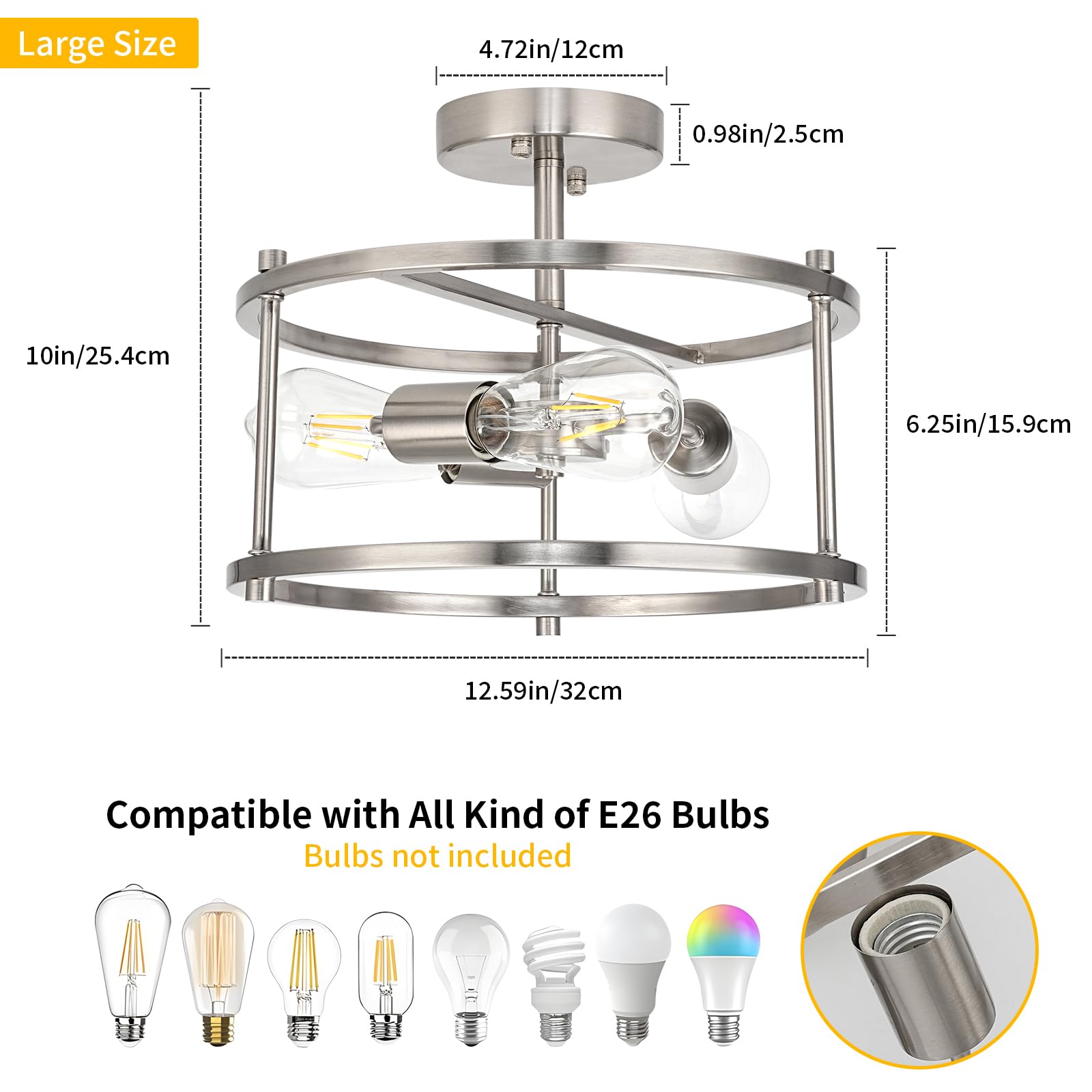 Semi Flush Mount Ceiling Light Brushed Nickel Ceiling Light Fixtures 3-Light Modern Kitchen Light Fixtures Metal Cage Ceiling Lights for Bedroom Dining Room Living Room Hallway Foyer