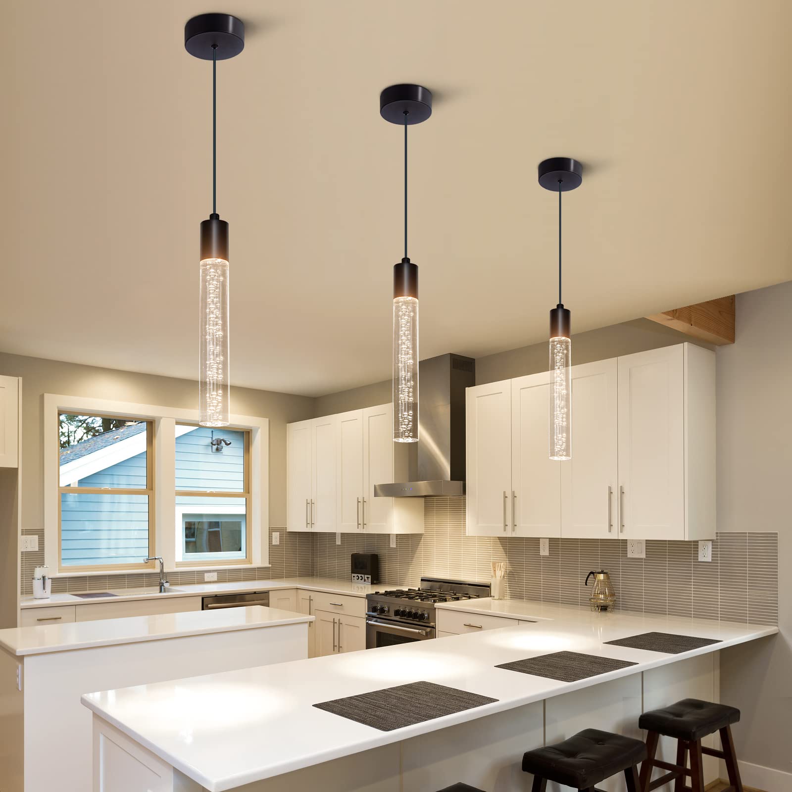 Modern Pendant Lighting 5-Light Linear Chandeliers Dimmable LED Pendant Lights Kitchen Island Lighting with Matte Black Finish and Acrylic Shades for Kitchen Island and Dining Room…