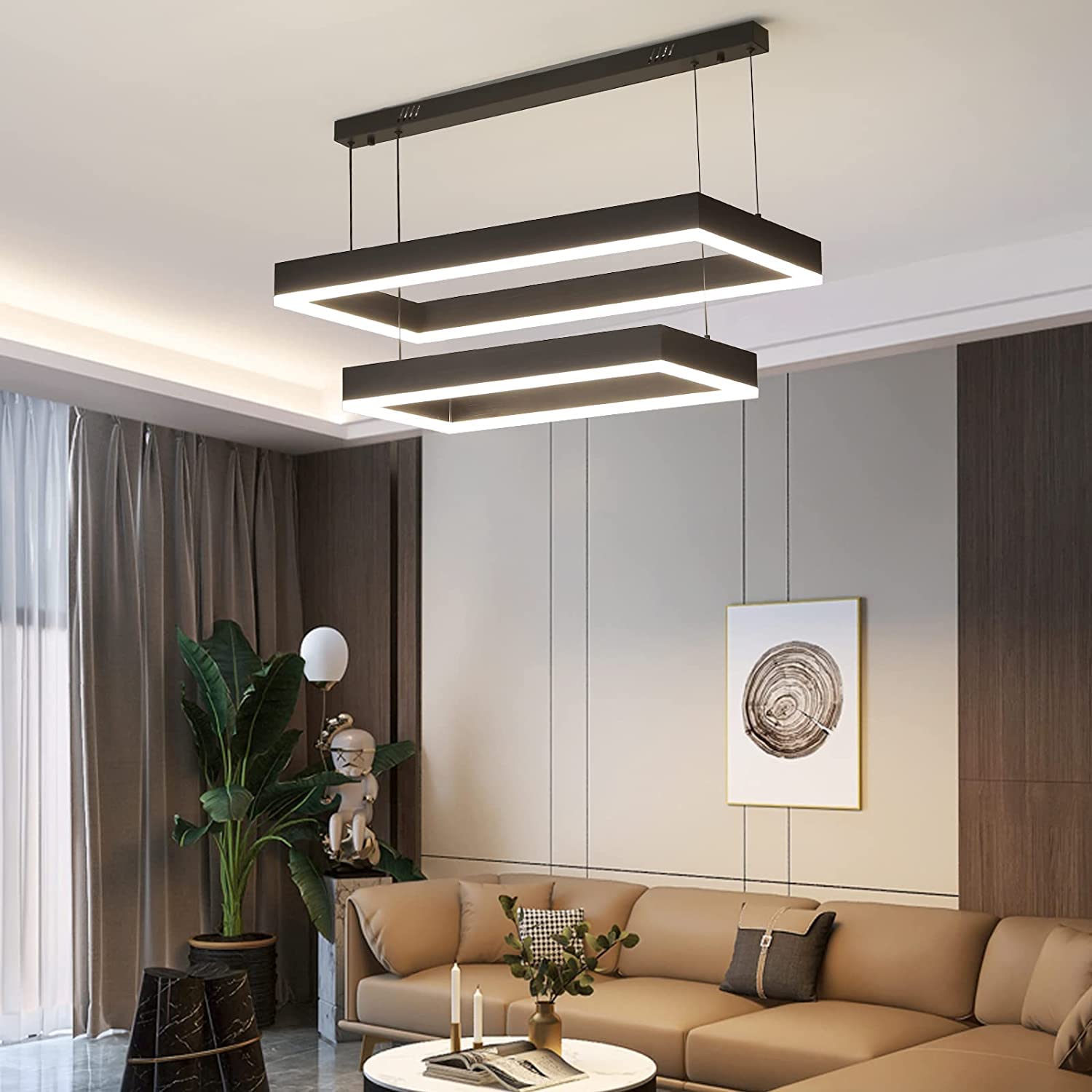 Modern LED Chandelier, Double Rectangles Ceiling Pendant Lights, LED Island Lights Dimmable Chandeliers for Dining Room Living Room Bedrooms, Black (40CM/60CM)