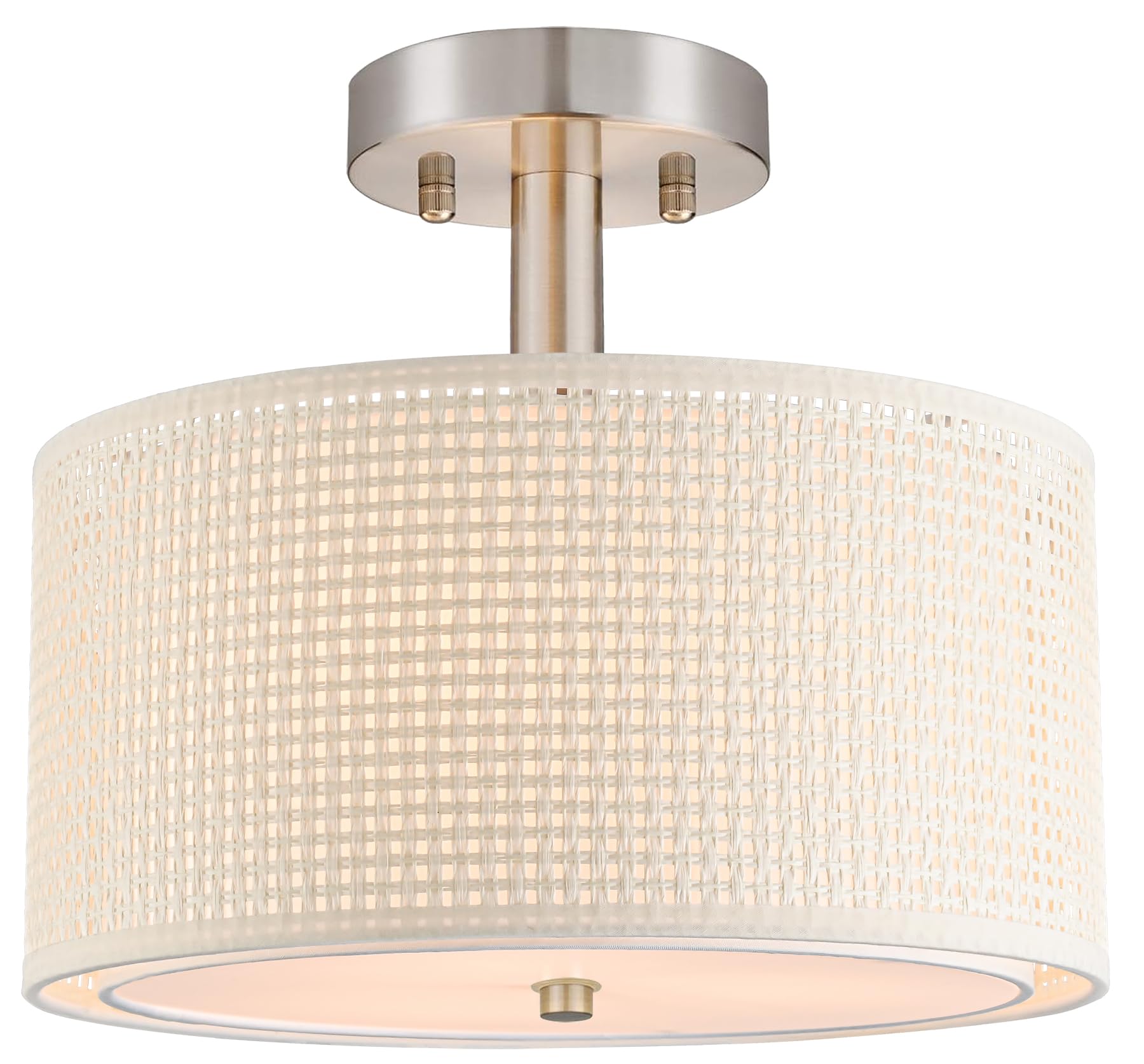 Semi Flush Mount Ceiling Light, Linen Fabric 12'' Drum Ceiling Light Fixture,Modern Gold Brass 3-Light Close to Ceiling Light Fixture for Dining Room Bedroom Living Room Hallway Kitchen