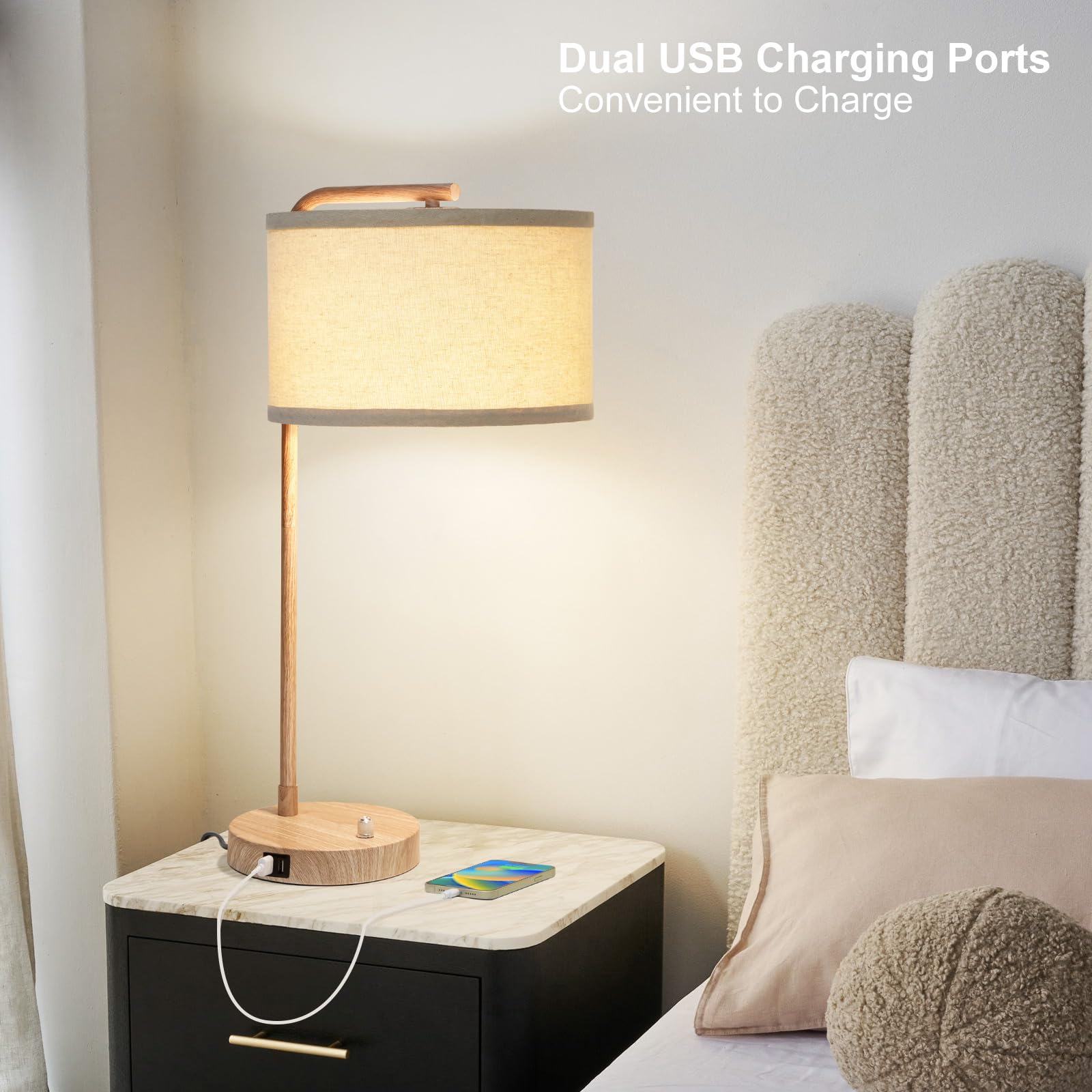 USB Bedside Lamp, Industrial Side Table Lamp with Dual USB Charging Ports, Fully Dimmable Nightstand Lamp, Tall Reading Lamp Desk Lamp for Bedroom, Living Room, Office, 9W LED Bulb Included