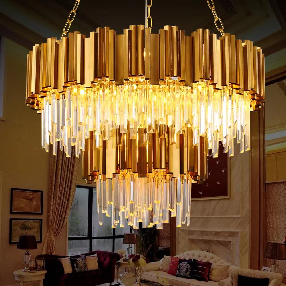 Modern K9 Crystal Pendant Lighting, Round Gold Crystal Chandelier Contemporary Luxury Pendant Ceiling Lighting Fixture for Dining Living Room Kitchen Island, Antique Gold