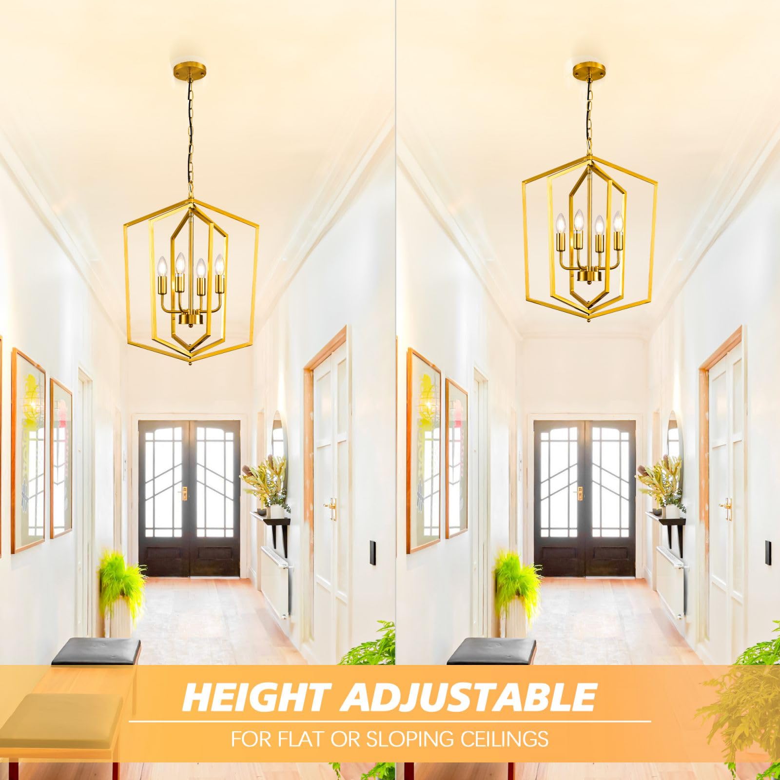 4-Light Lantern Pendant Light, 18.1" Gold Kitchen Pendant Light, Modern Geometric Chandelier, Adjustable Chain Cage Hanging Pendant Light Fixture for Bedroom, Kitchen Island, Foyer, Entrance