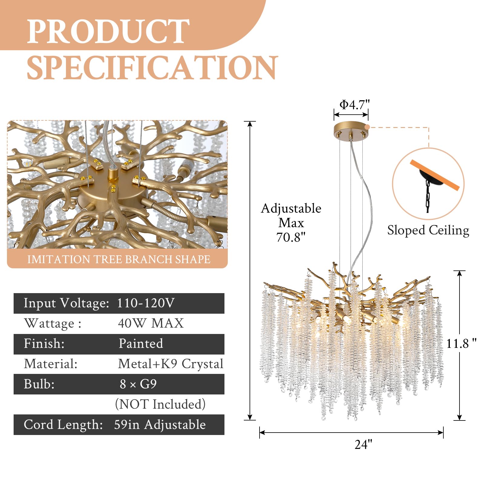 Modern Tree Branch Crystal Chandelier Luxury Gold Raindrop Pendant Lighting 23.6" Contemporary 8-Light Chandeliers for Dining Room Kitchen Bedroom Living Room