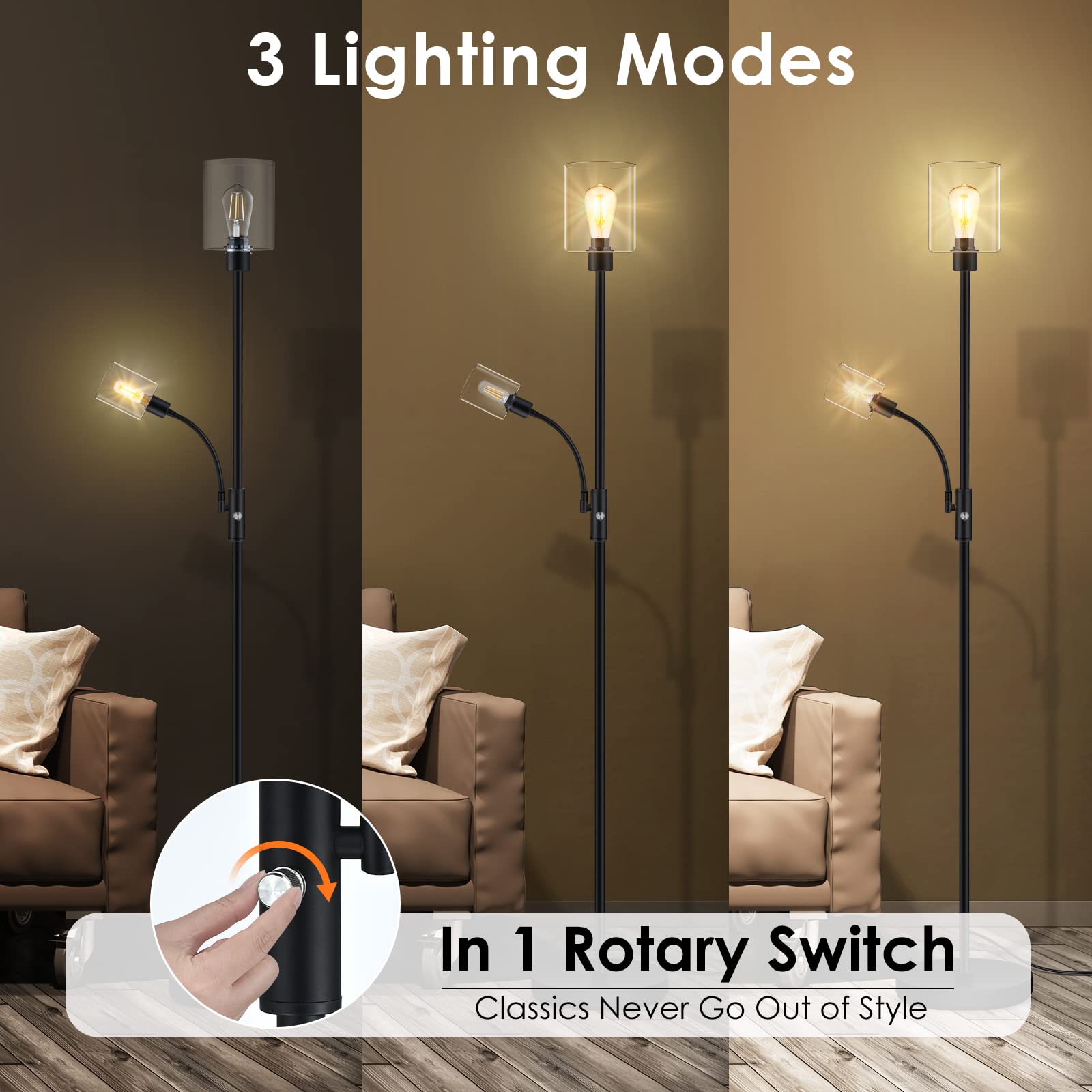 Floor Lamp, 6W Black Modern Floor Lamp with 4W Adjustable Reading Lamp, 2700K Energy-Saving LED Bulbs Included, Industrial Bright Floor Lamp for Bedroom, Living Room and Office