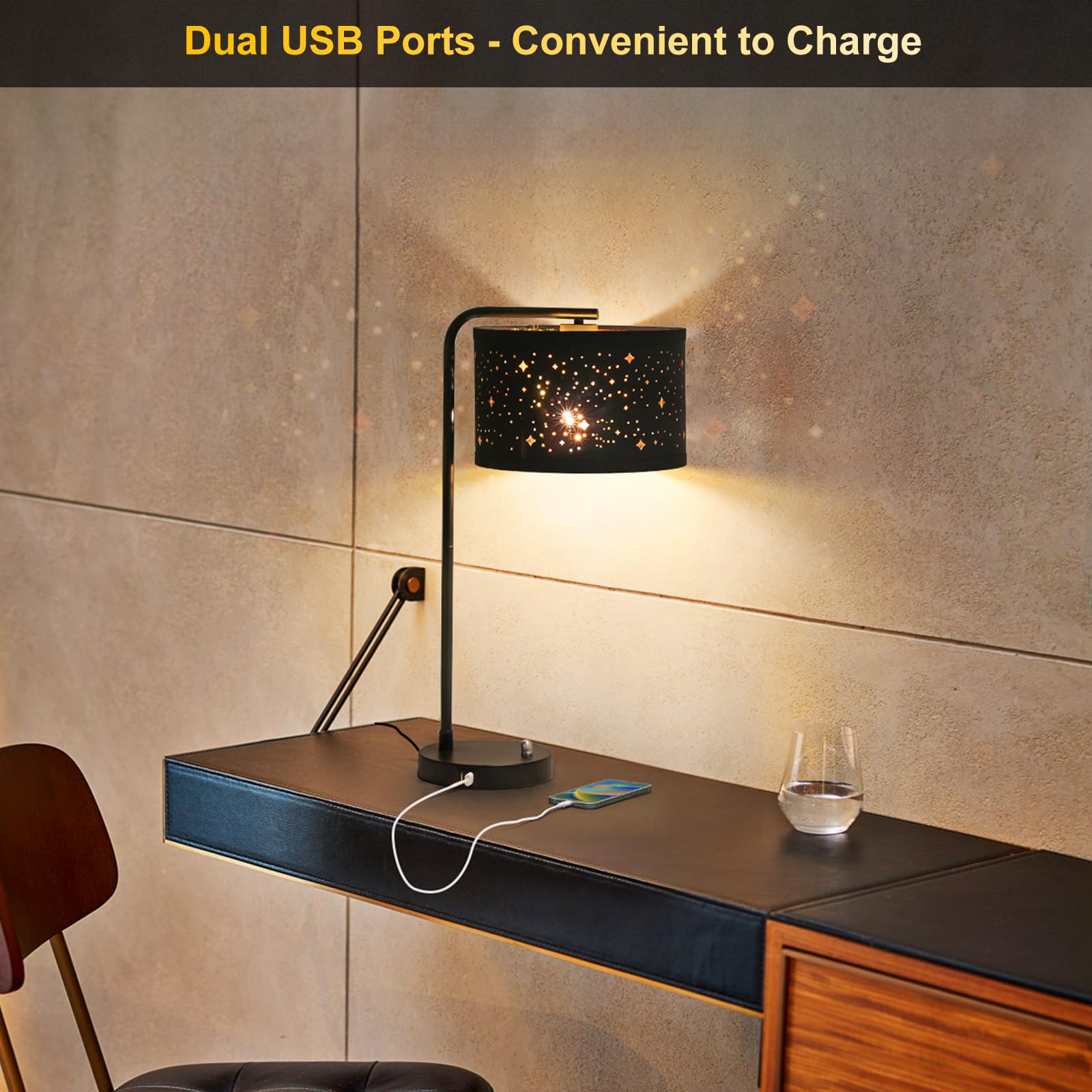 USB Bedside Lamp, Industrial Side Table Lamp with Dual USB Charging Ports, Fully Dimmable Nightstand Lamp, Tall Reading Lamp Desk Lamp for Bedroom, Living Room, Office, 9W LED Bulb Included