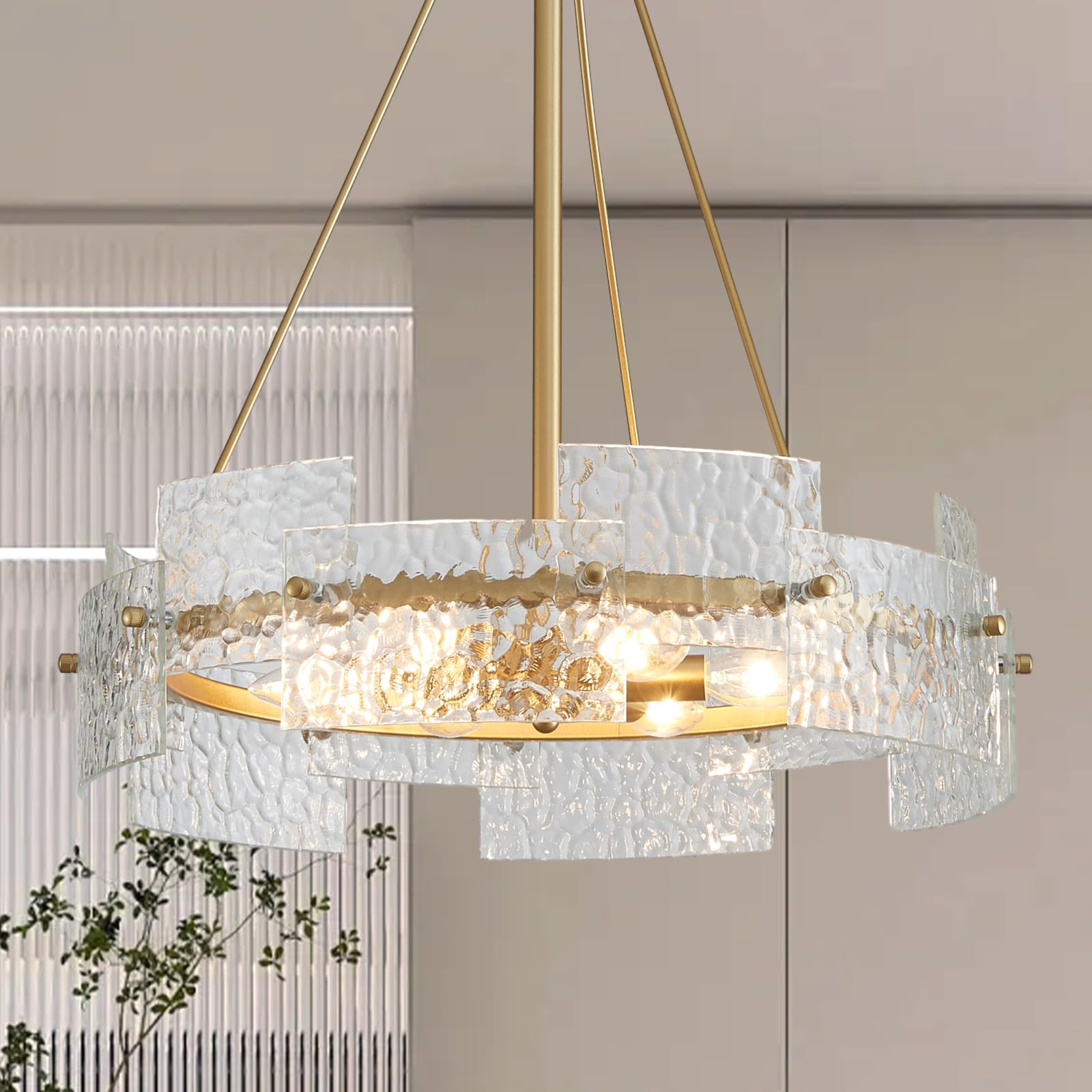 Gold Chandeliers Glass 6 Lights Modern Farmhouse Light Fixture Round Kitchen Island Pendant Lighting Drum Dining Room Living Room Chandelier Over Table