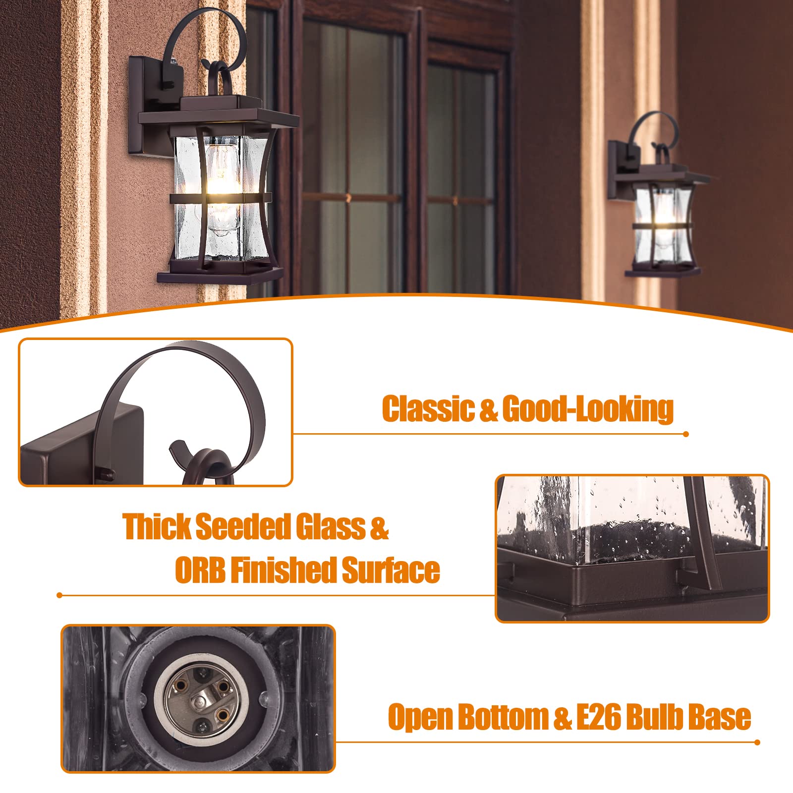 2 Packs Outdoor Wall Light, Oil Rubbed Bronze Exterior Light Fixture Waterproof Porch Sconces Wall Mounted Lighting, Anti-Rust Rustic Wall Sconce for House Garage, Doorway, Front Door Entryway, E26