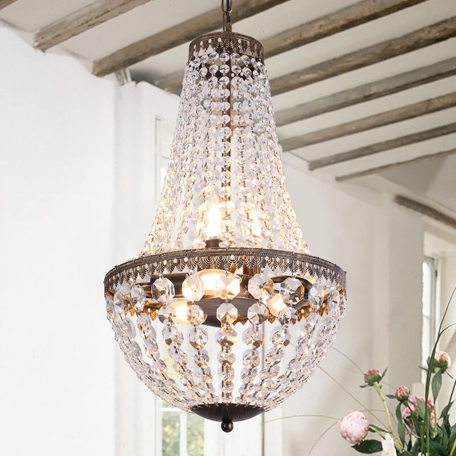 6 Lights French Empire Crystal Chandelier, 13 Inch Farmhouse Pendant Chandeliers Lighting, Adjustable Antique Bronze Ceiling Light Fixture for Dining Room Bedroom Foyer Living Room