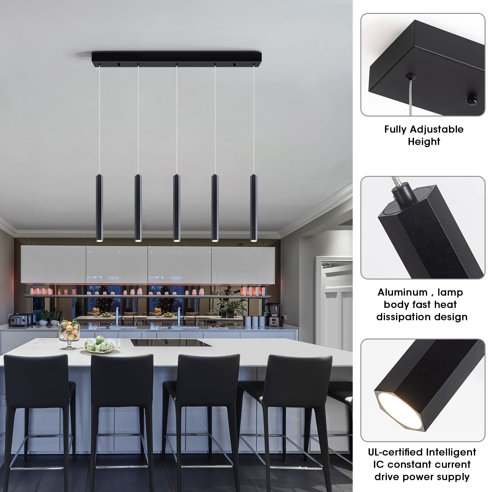 Modern Pendant Lighting 5-Light Linear Chandeliers Dimmable LED Pendant Lights Kitchen Island Lighting with Matte Black Finish and Acrylic Shades for Kitchen Island and Dining Room…