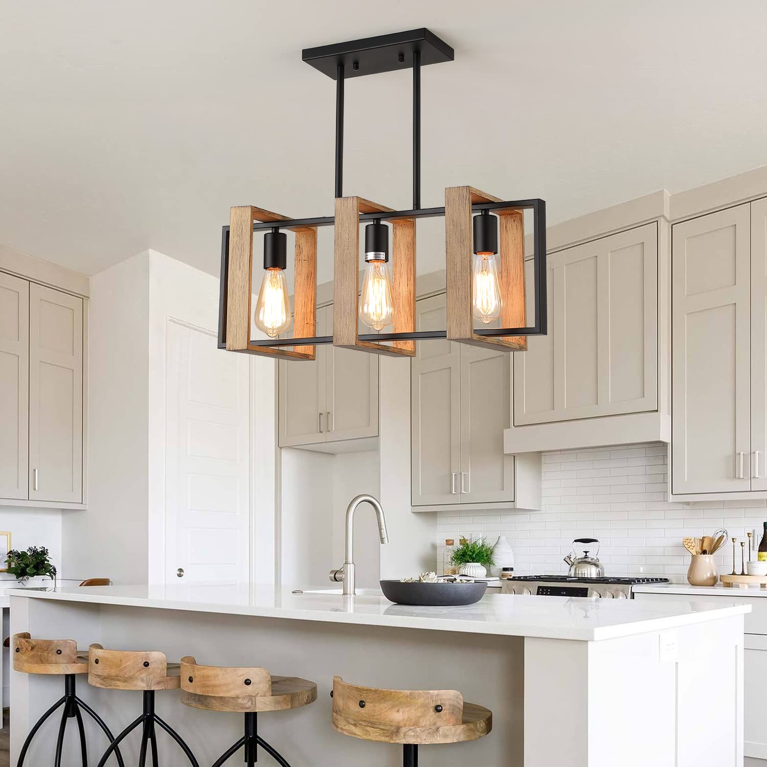 9MMML 3 Lights Kitchen Island Lighting, Modern Rectangle Linear Pendant Light, Black Frame+ Gold Socket Chandelier for Dining &Living Room Foyer Entryway Hallway,E26,Height Adjustable.