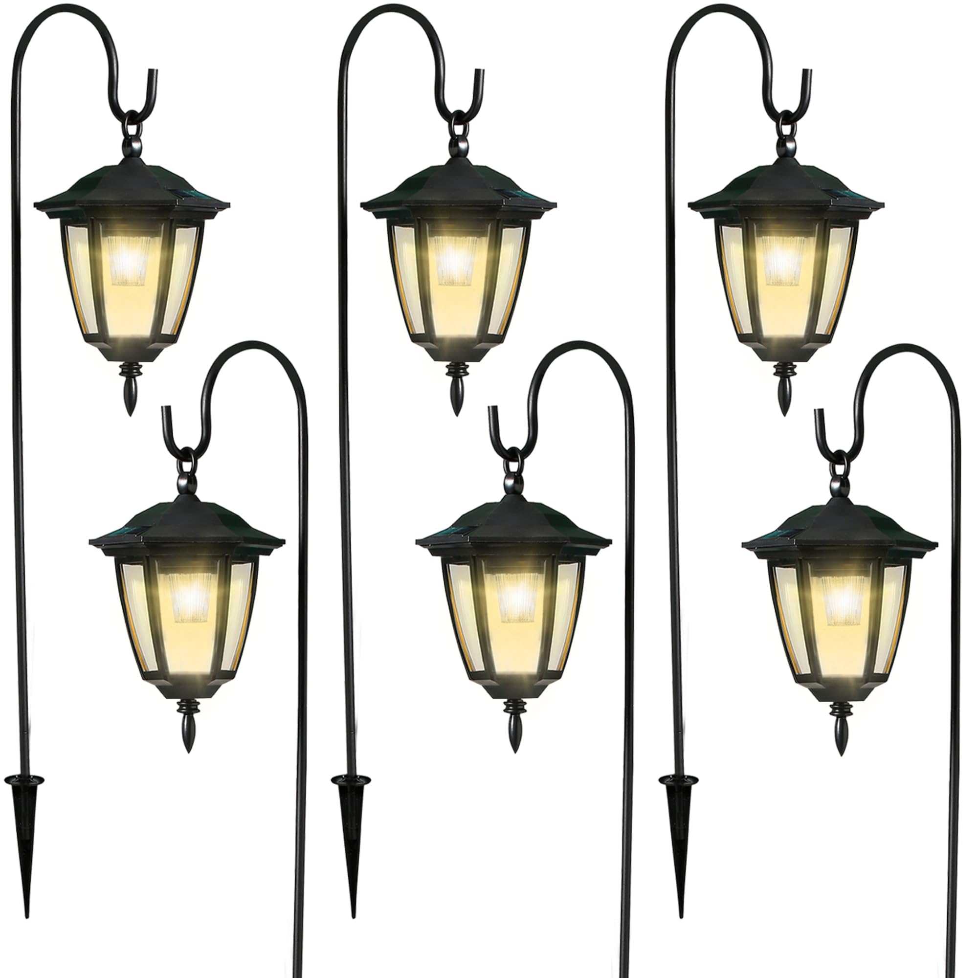 4 Pack Solar Hanging Lights Outdoor, Solar Powered Garden Decorative Lanterns with 4 x 38 Inch Shepherd Hooks, Waterproof Landscape Lighting for Lawn Patio Yard Pathway Driveway, Warm White