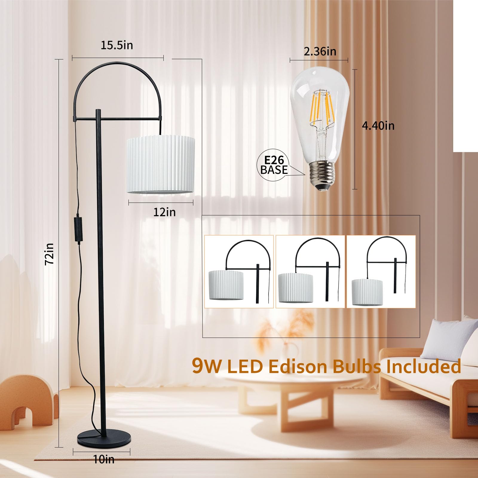 66''Floor Lamp,9W LED Edison Bulbs Included Nordic Design Standing Lamp with Foot Switch with Pleated Shade, Tall Floor Lamp Reading for Living Room Bedroom Office Classroom Dorm Room