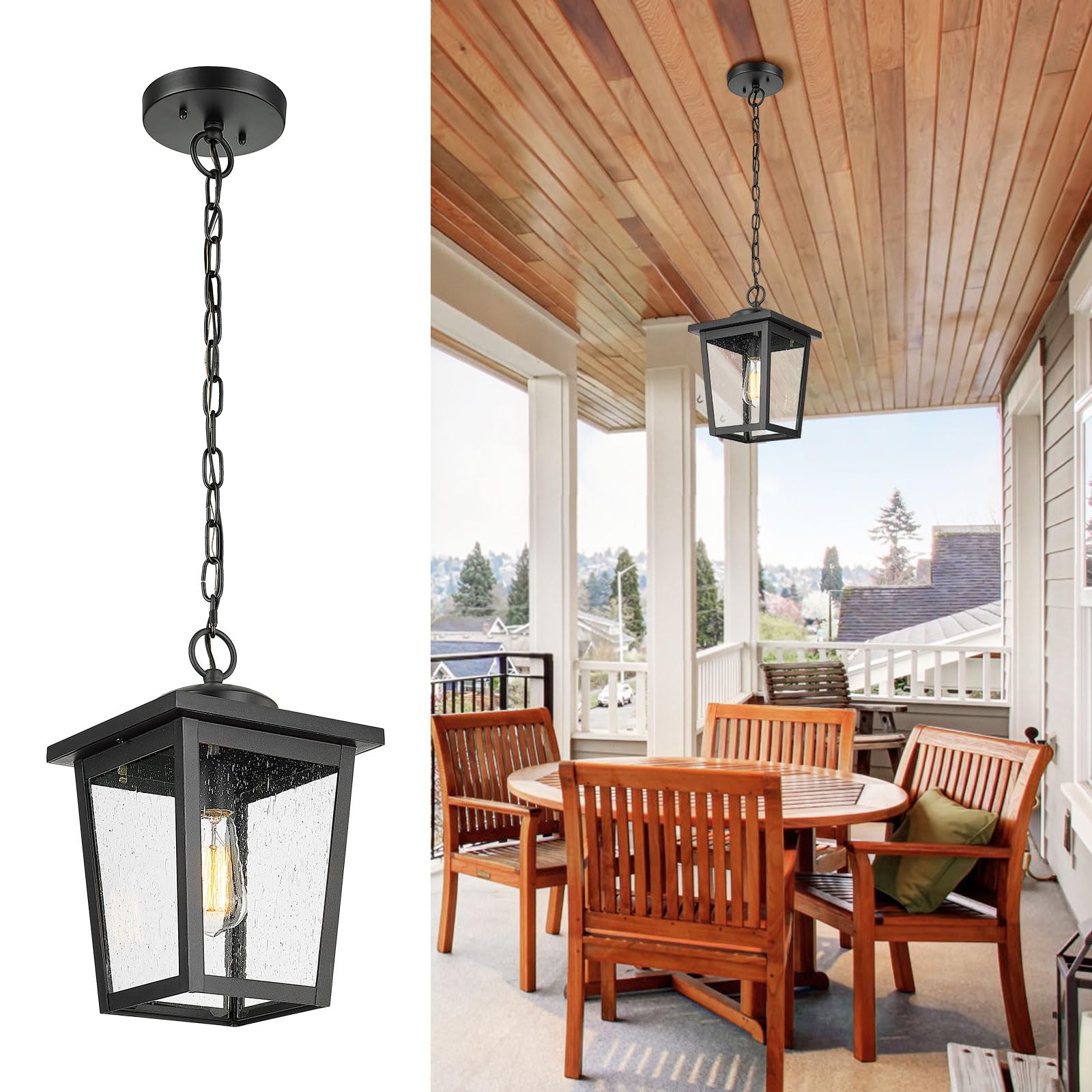 Outdoor Pendant Light for Porch, Exterior Hanging Lantern Outdoor Chandelier in Black Finish for Entryway, Doorway, Farmhouse, Foyer