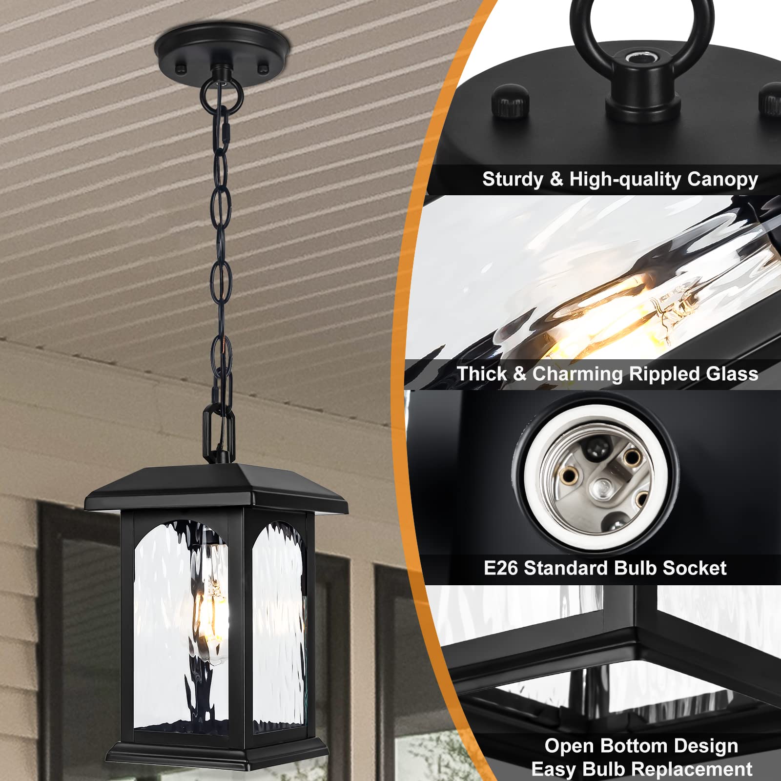 Outdoor Pendant Light Fixture, Adjustable Exterior Chandelier, Black Hanging Light, Porch Light with Temperate Rippled Glass, Modern Outside Hanging Lantern for Front Door, Gazebo, Patio, Anti-Rust