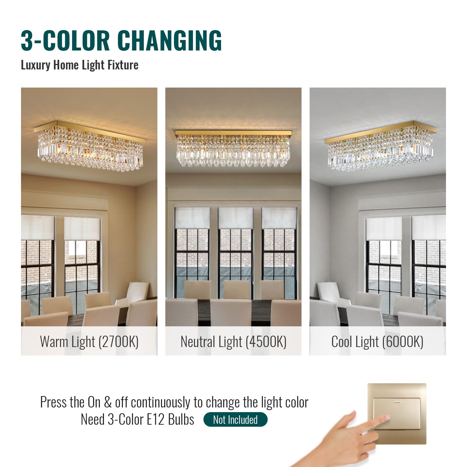 6-Light Modern Crystal Chandelier Rectangular Gold K9 Crystal Raindrop Chandelier for Dining Room, Luxury Adjustable Ceiling Pendant Light for Living Room Kitchen Island L31.5'' x W10'' x H10''