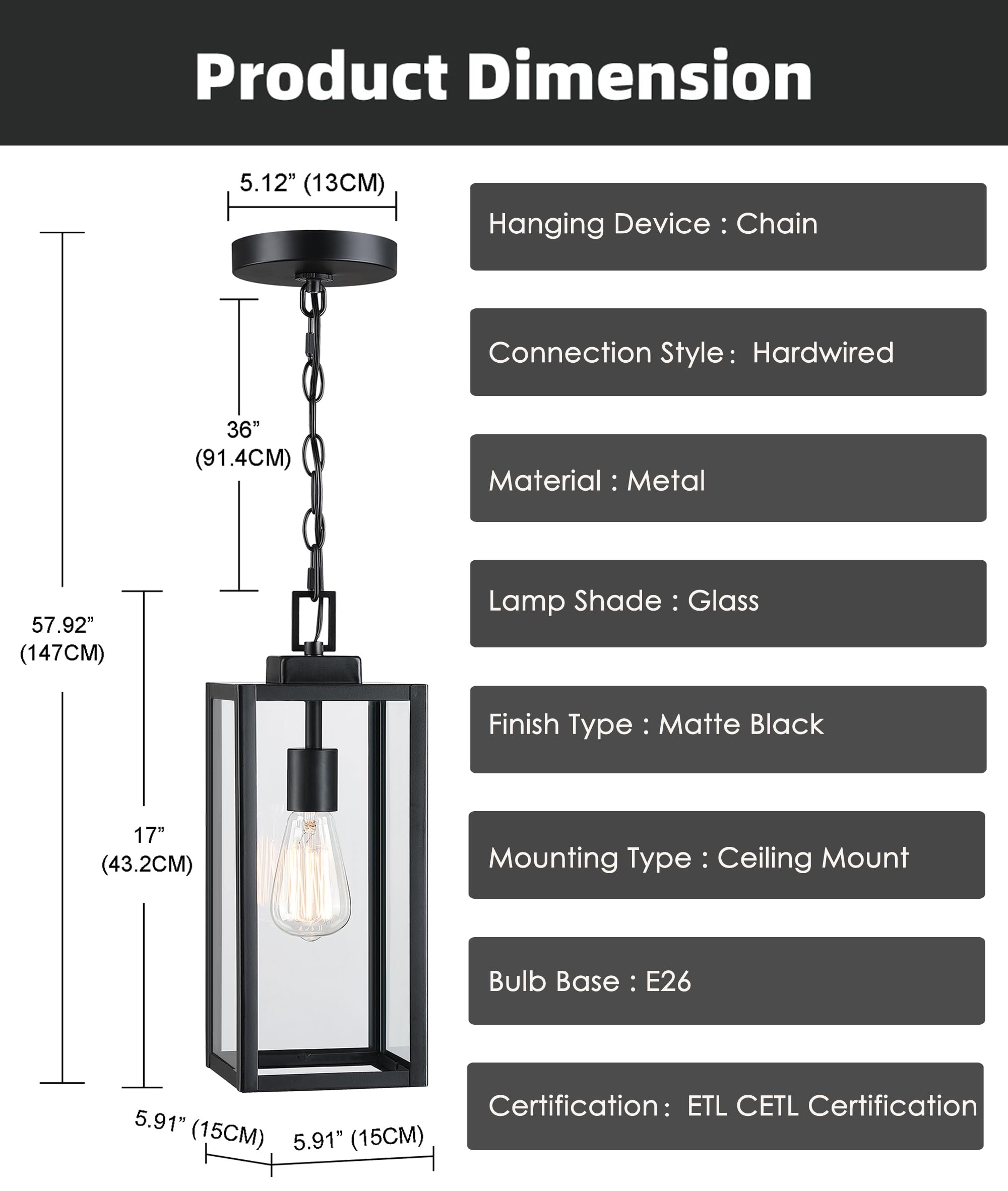 17 Inch Outdoor Pendant Light,Front Porch Outdoor Pendant Light,Metal and Glass Outdoor Hanging Light Ceiling Mount Exterior Hanging Lantern for Front Porch Ceiling Light, E26