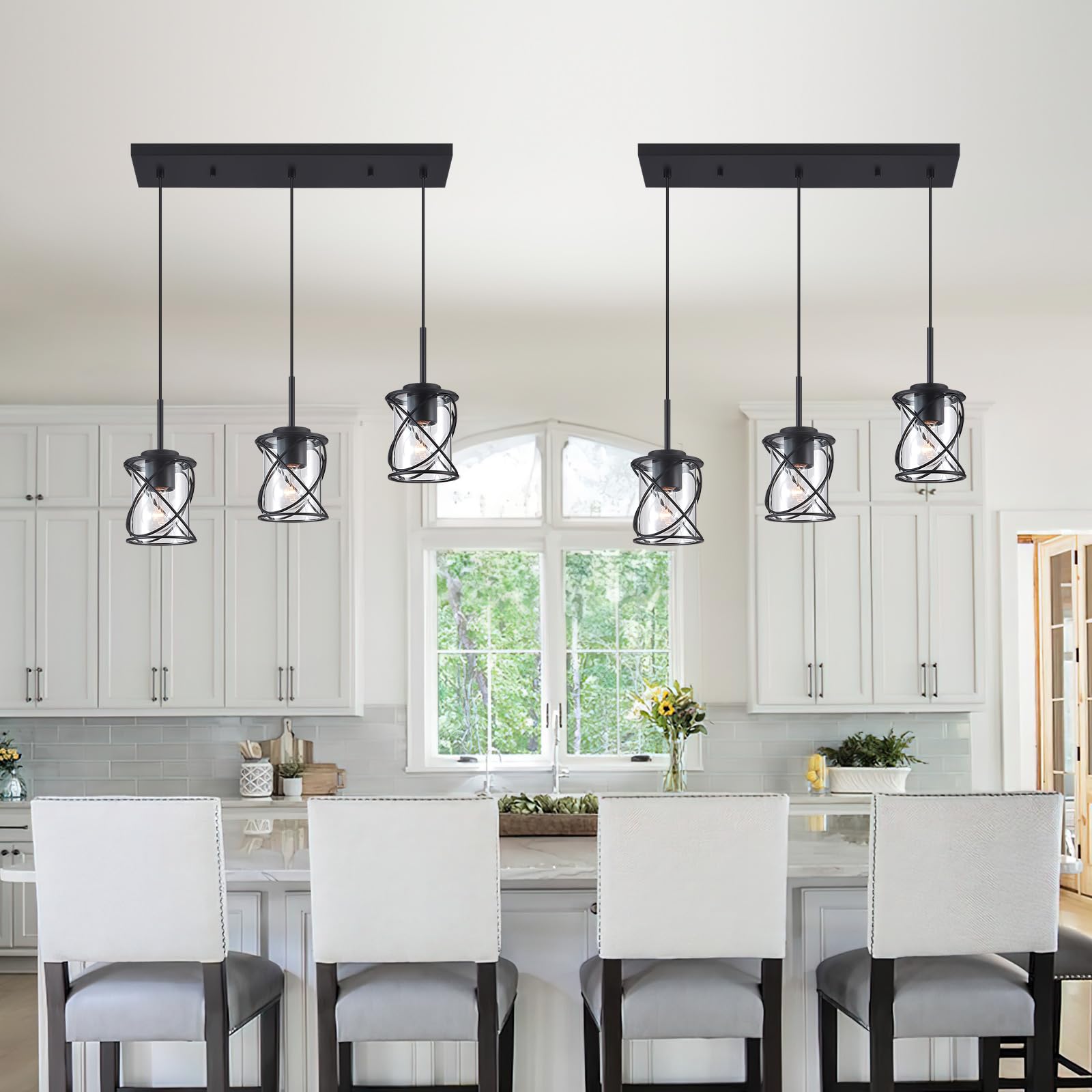 Modern Kitchen Island Pendant Lighting Adjustable Hanging Ceiling Lamp, Linear Pendant Light for Kitchen Island, 6-Light Hanging Chandelier Light for Dining Room, Brushed Nickel