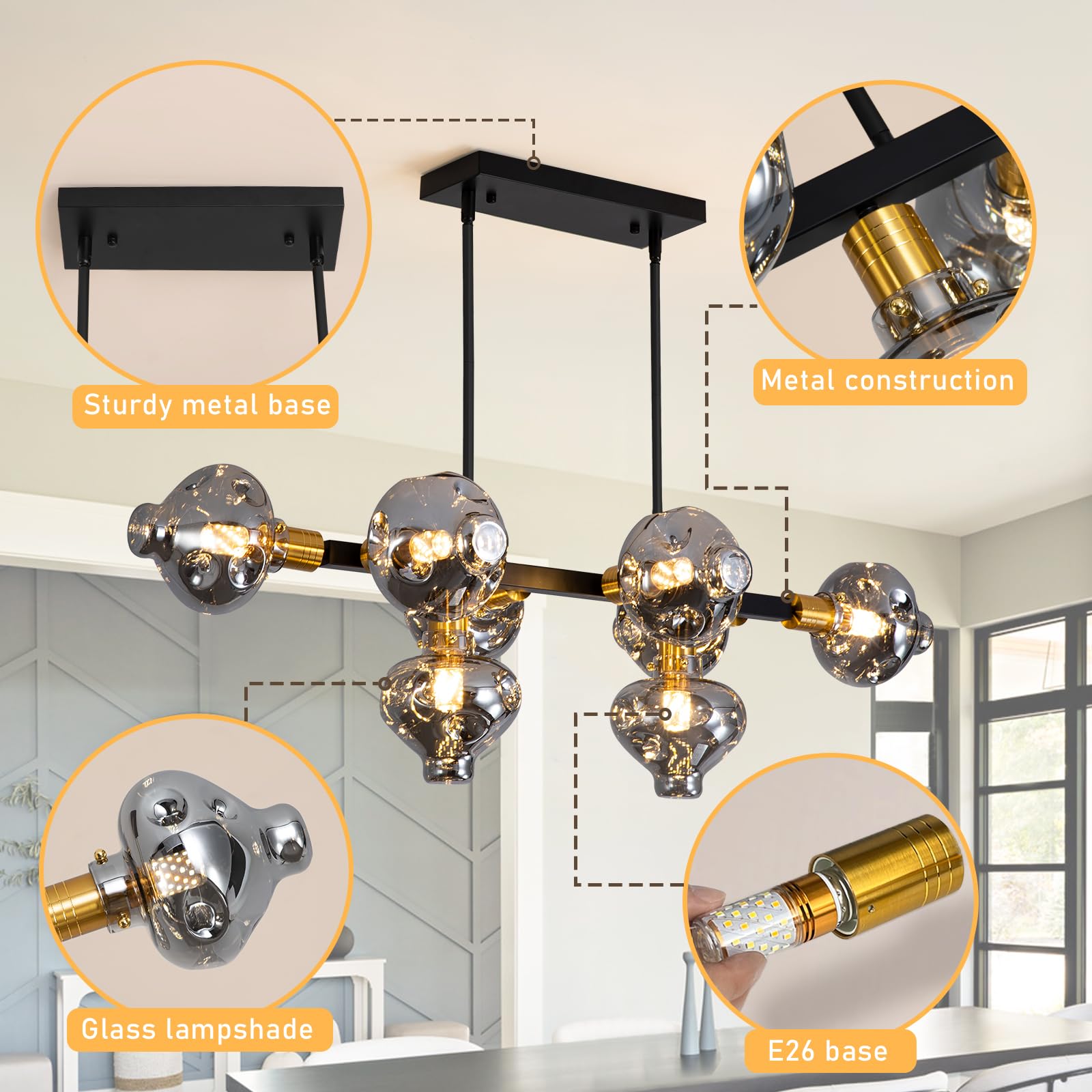 Vintage 3-Light Pendant Light, Modern Adjustable Hanging Light Fixture with Smoke Grey Glass Shade, E26 Base, Farmhouse Pendant Lamp for Kitchen Dining Room, Black and Gold