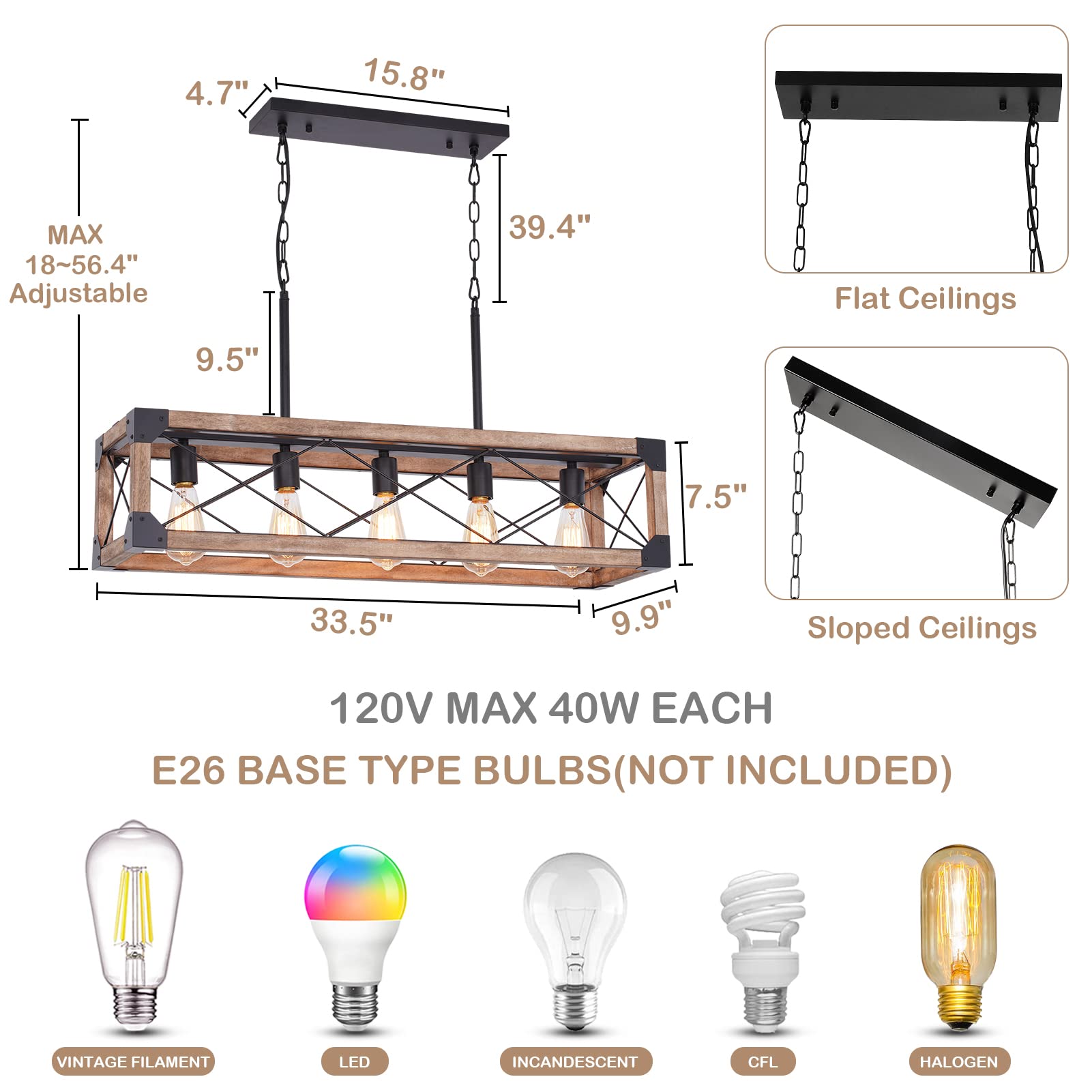 Rattan Farmhouse Chandeliers for Dining Room, Boho Kitchen Island Lighting, 5-Light Linear Chandelier Rectangle Pendant Lighting, Rustic Wood Chandeliers Black Hanging Light Fixtures for Living Room