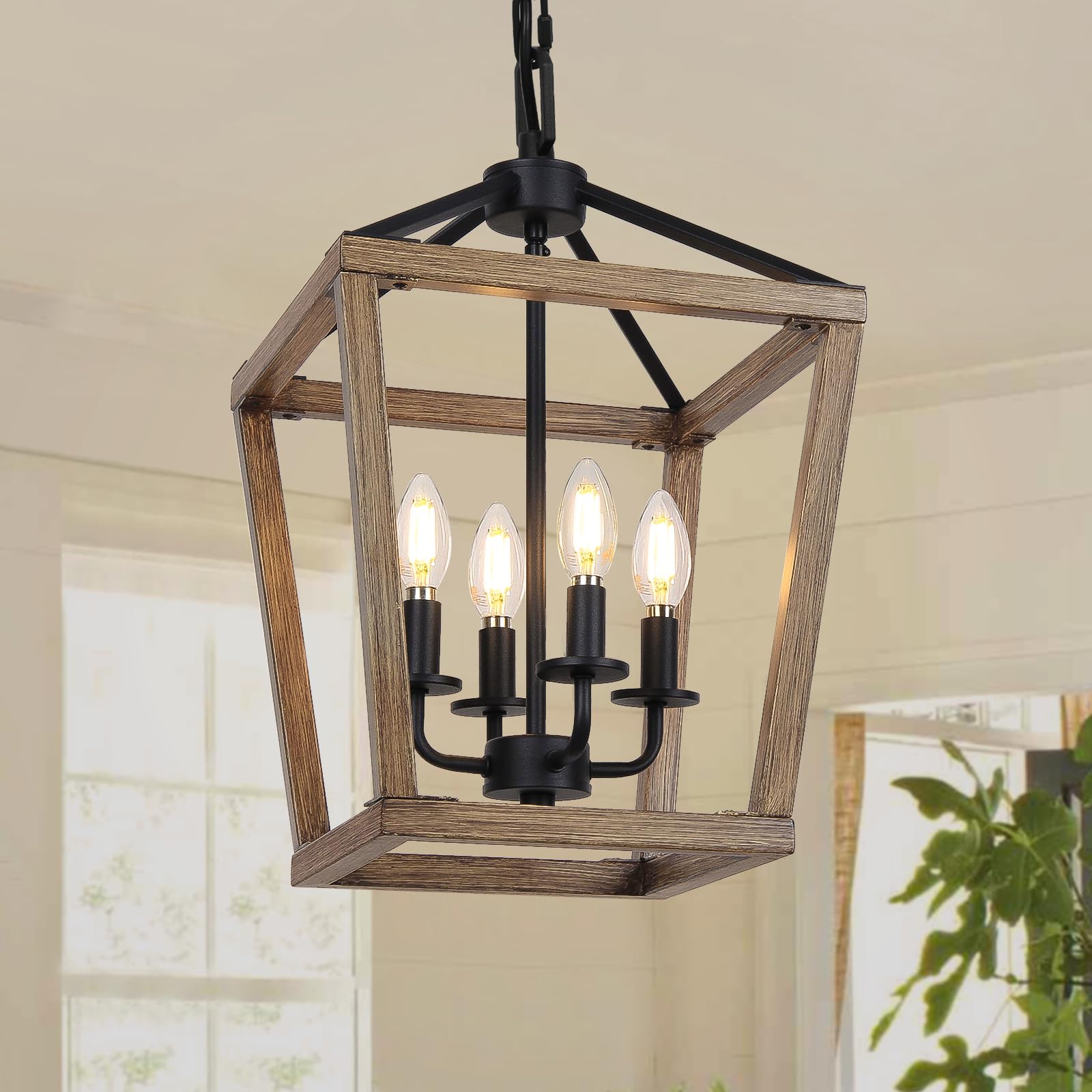 4 Light Rustic Chandelier, Farmhouse Lantern Fixture with Brushed White Oak Cage and Adjustable Chain, E12 Base Geometric Hanging Light Fixture Ceiling lighting for Entryway Kitchen Island, Indoor Use