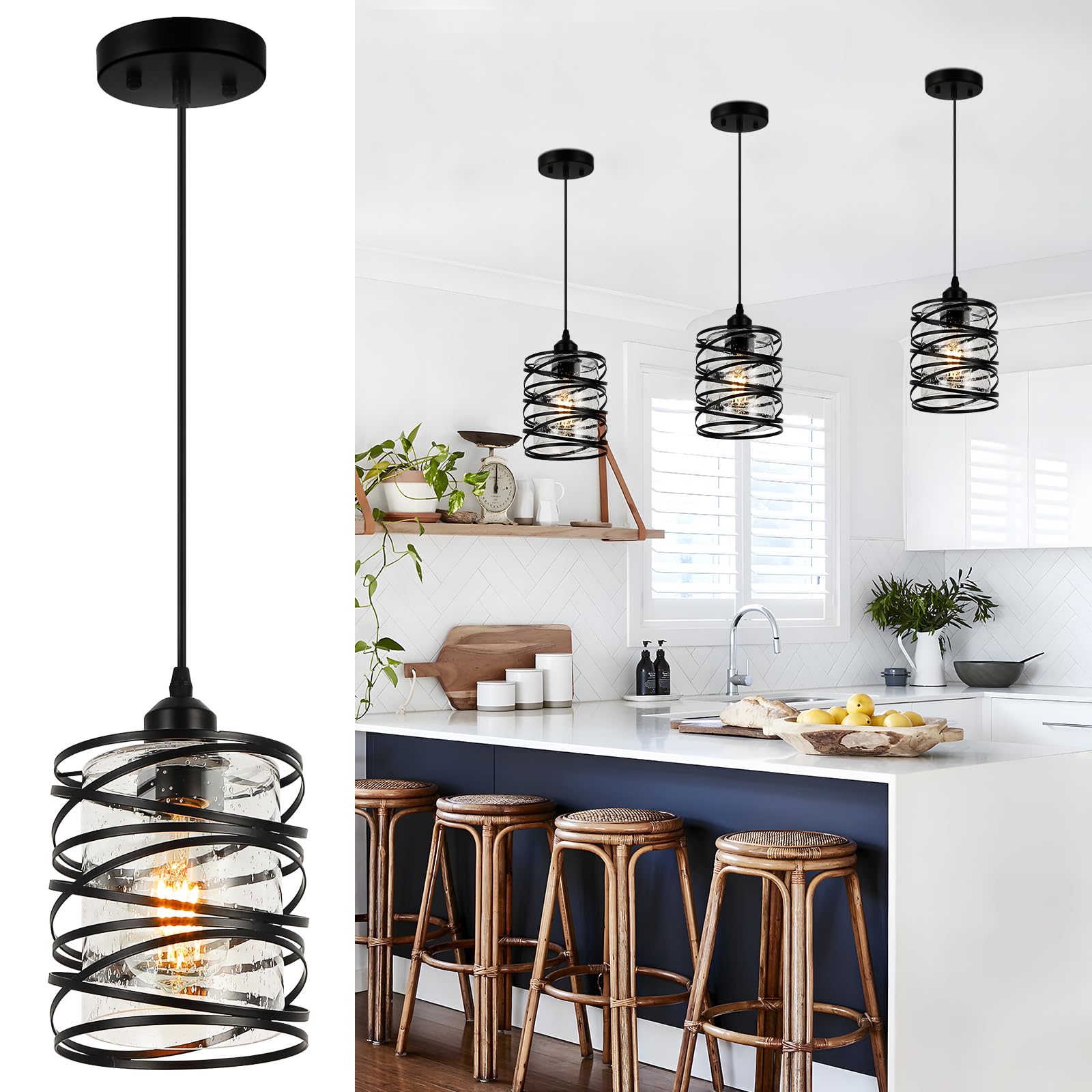 Brushed Nickel Pendant Lights for Kitchen Island, 5-Light Chandelier for Dining Room, Hanging Linear Chandeliers, Modern Dining Room Light Fixtures Pendant Light with Clear Glass Shades