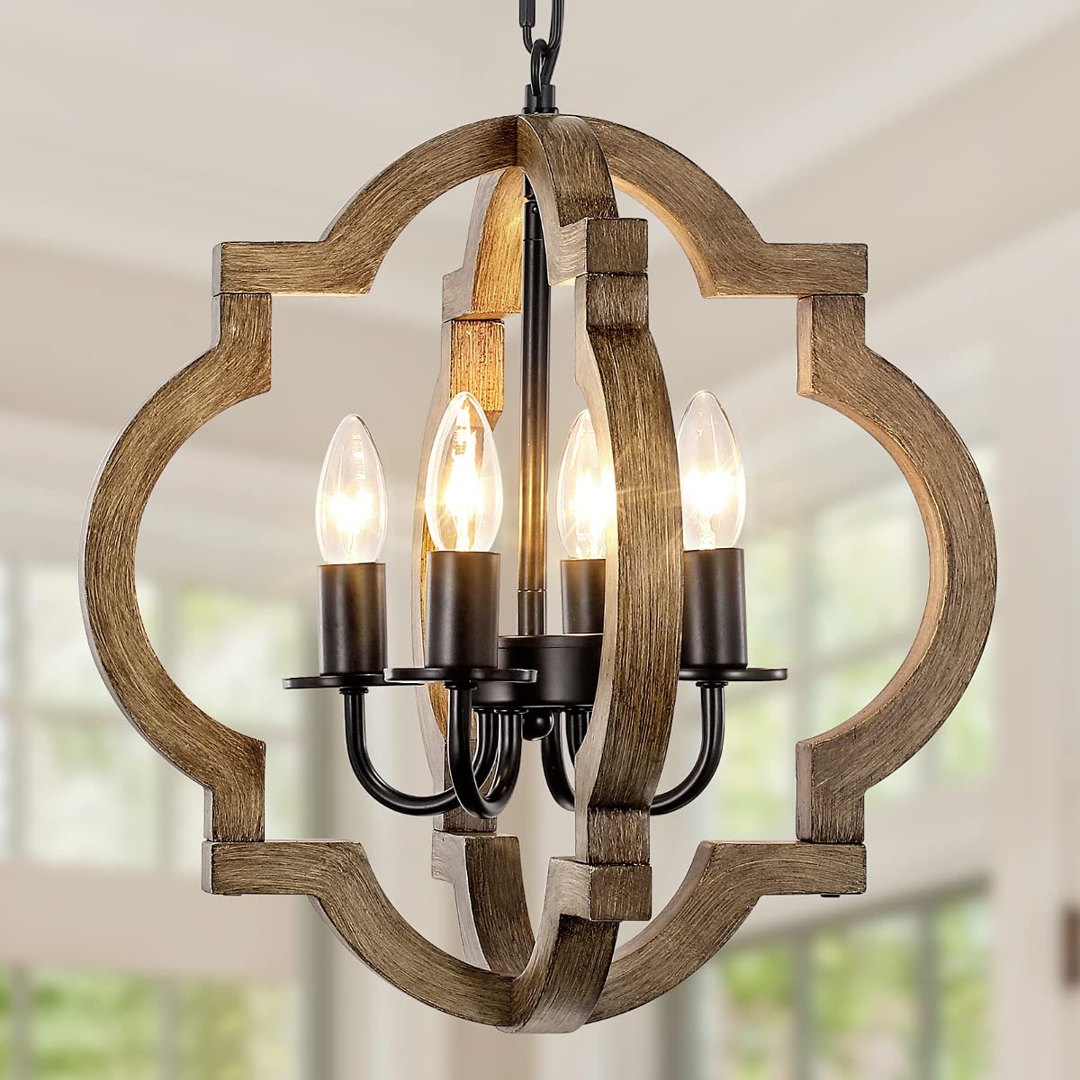 Farmhouse Orb Chandelier, Rustic Wood Chandelier for Dining Room, 4-Light Pendant Light for Kitchen Island Hallway Foyer Entryway Bedroom, Adjustable Height