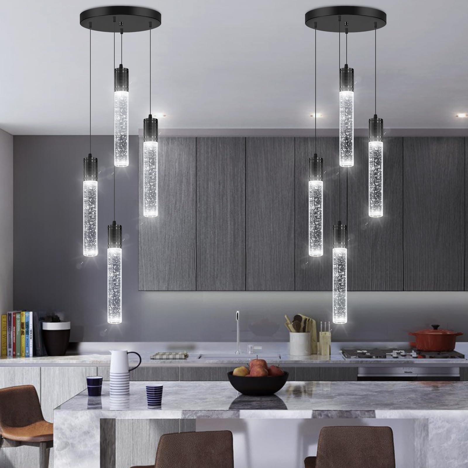 3 Lights Independent Kitchen Island Dining Room Light Pendant Light Fixtures Bubble Crystal Chandeliers Modern Kitchen Island Lighting Chandeliers Fixtures LED Lampara, 6000K LED Bulbs Included