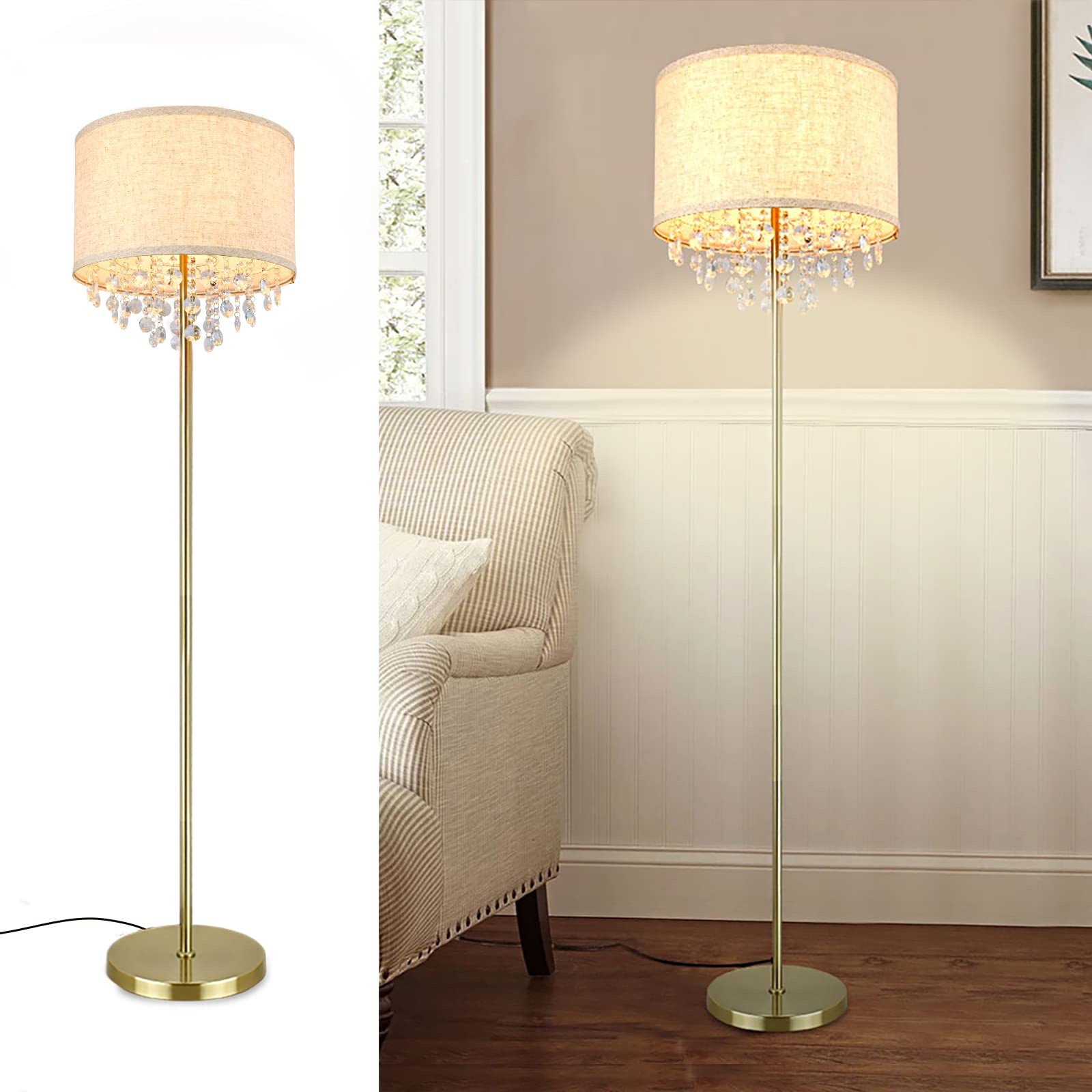 DLLT LED Floor Lamp for Living Room, Crystal Elegant Reading Standing Light for Kids Bedroom, Suit Mid Century, Modern & Farmhouse Rooms, Tall Pole with Fabric Drum Shade, Brass, E26 Warm Light