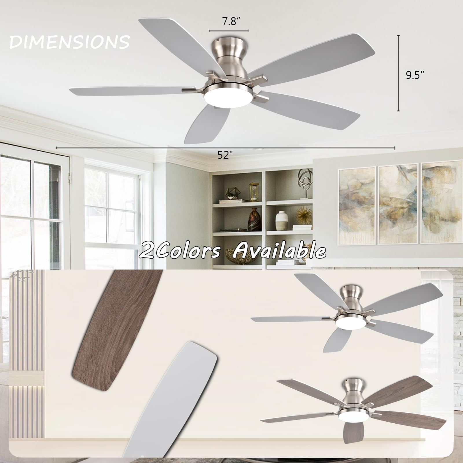 Ceiling Fans with Lights, 52 Inch Low Profile Ceiling Fan with Light and Remote Control, Flush Mount, DC Reversible Motor, Noiseless, Black 6 Speeds Ceiling Fan for Bedroom