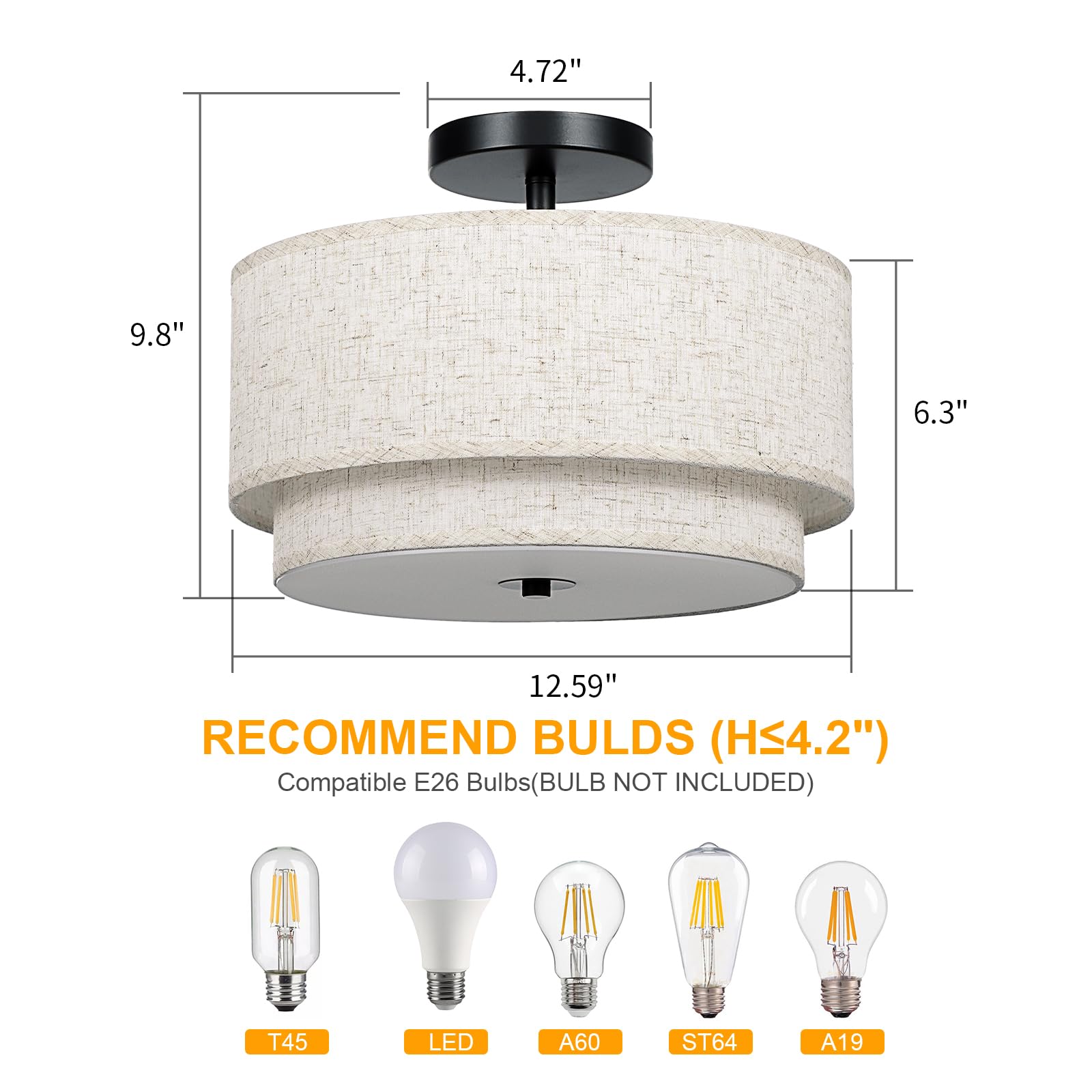 Modern Semi Flush Mount Ceiling Light - Easric Light Fixtures Ceiling Mount Hallway Light Fixtures Ceiling with Black 2-Layer Fabric Shade Drum Ceiling Lights for Bedroom,Dining Room,Kitchen,Foyer