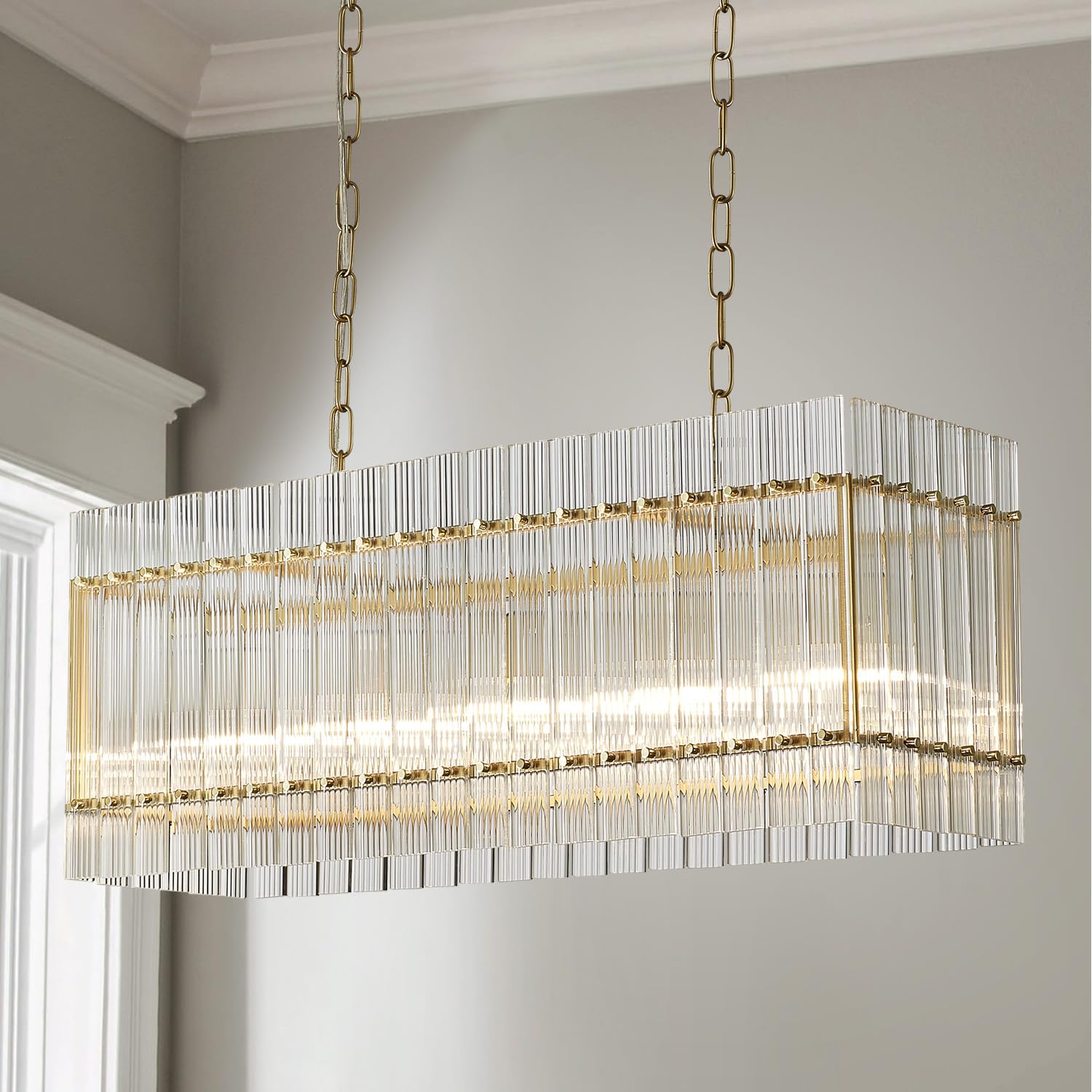 Saint Mossi 21032 Drum Chandelier Light Fixture, Doule Layer Middle Century Modern Design, with 5-Light, D18 x H10, Adjustable 59" Chains, Ripple Glass Shade & Gold Finish Metal Frame