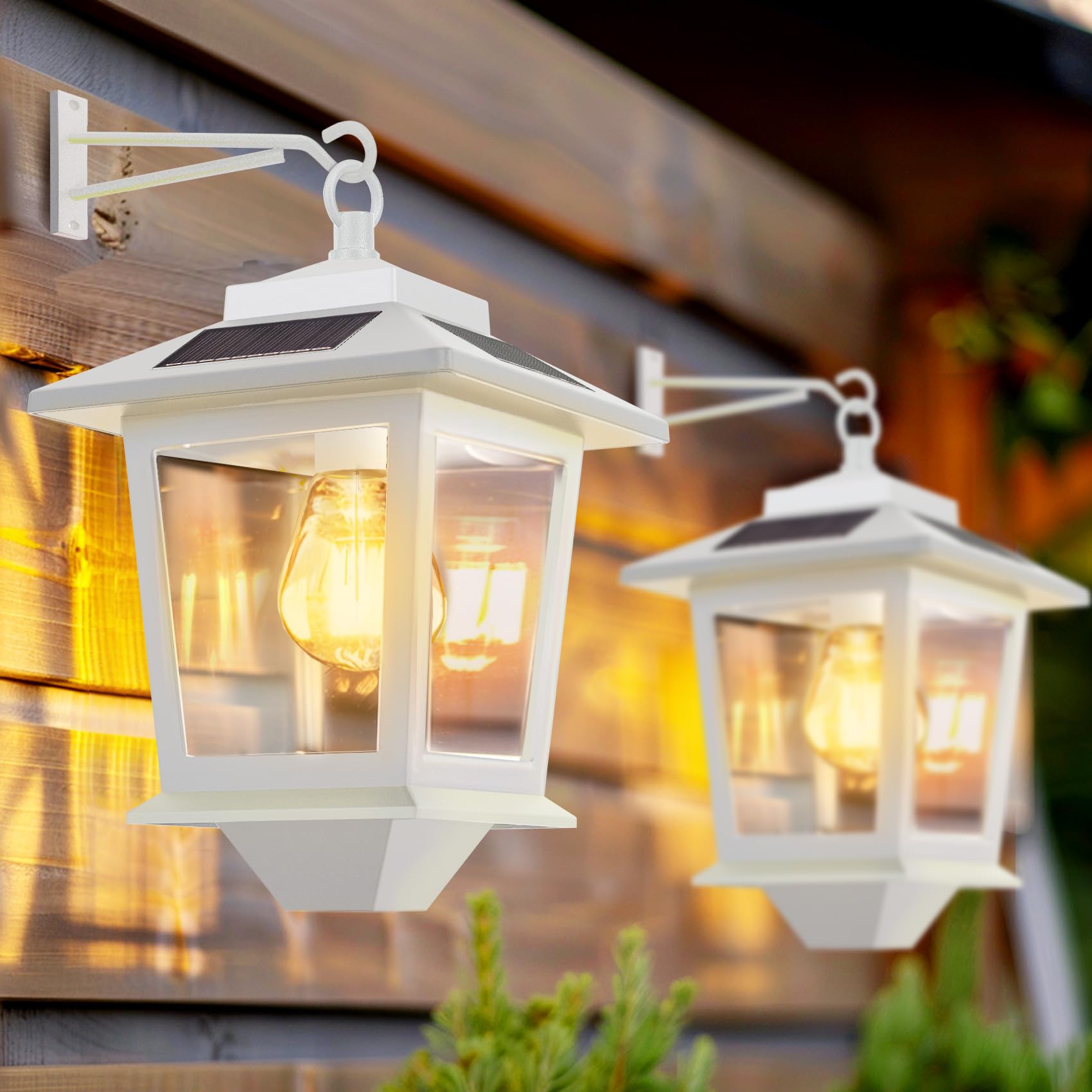 2 Pack Solar Wall Lanterns with Replaceable Bulb,Outdoor Hanging Solar Lights with 4 Solar Panels,Dusk to Dawn Led Outdoor Wall Sconce,Anti-Rust Waterproof Wall Lanterns with Hooks,3000K Warm White