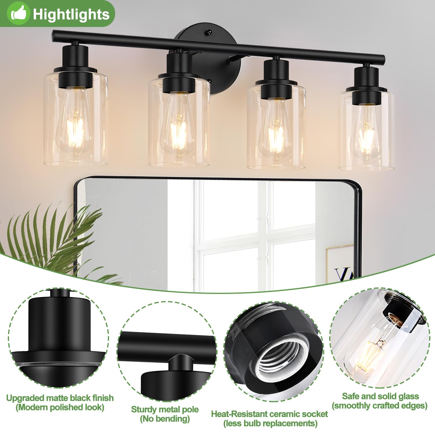 3-Light Bathroom Light Fixtures, Black Modern Vanity Lights with Clear Glass Shade, Bathroom Wall Lamp for Mirror Kitchen Living Room Hallway Cabinet Porch