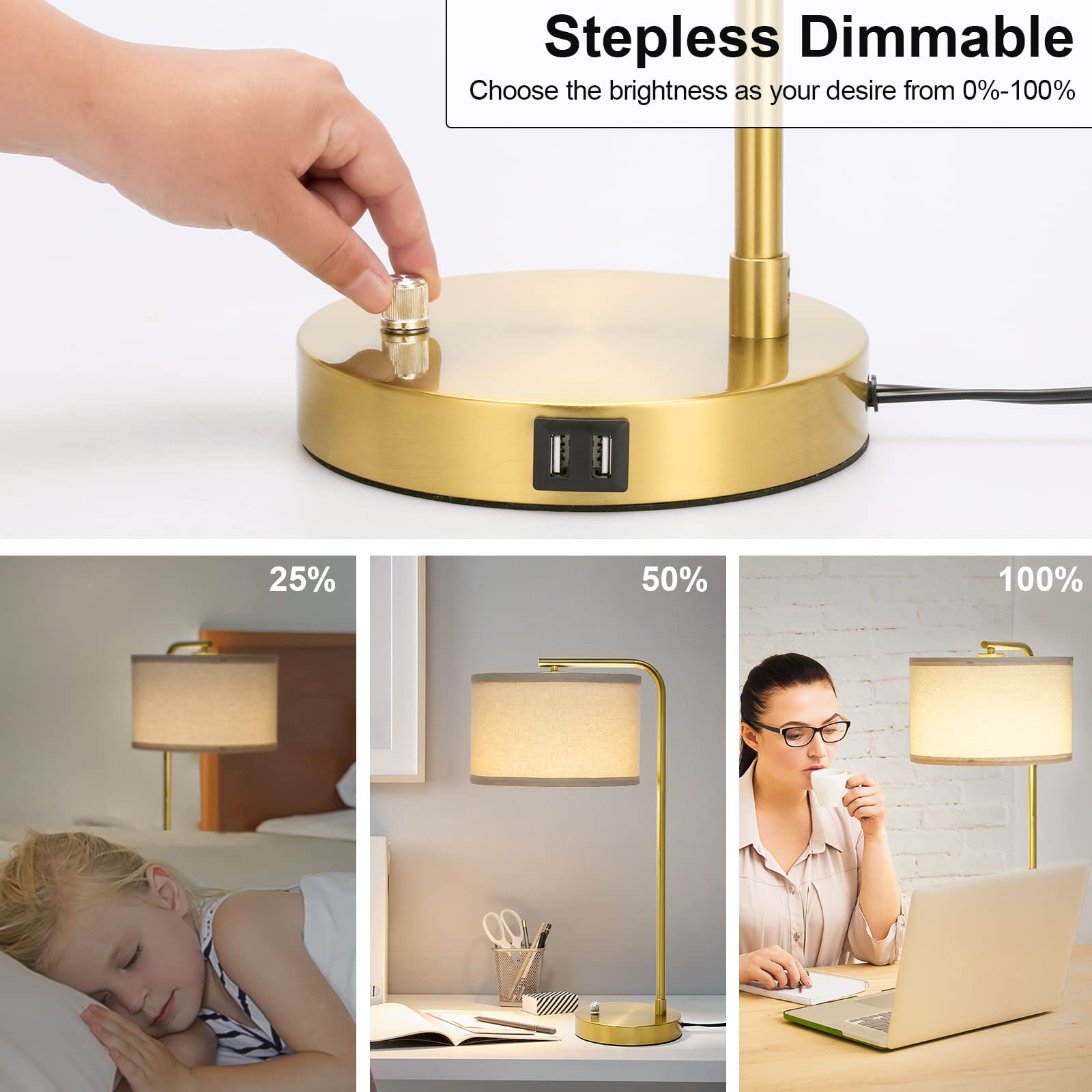 USB Bedside Lamp, Industrial Side Table Lamp with Dual USB Charging Ports, Fully Dimmable Nightstand Lamp, Tall Reading Lamp Desk Lamp for Bedroom, Living Room, Office, 9W LED Bulb Included