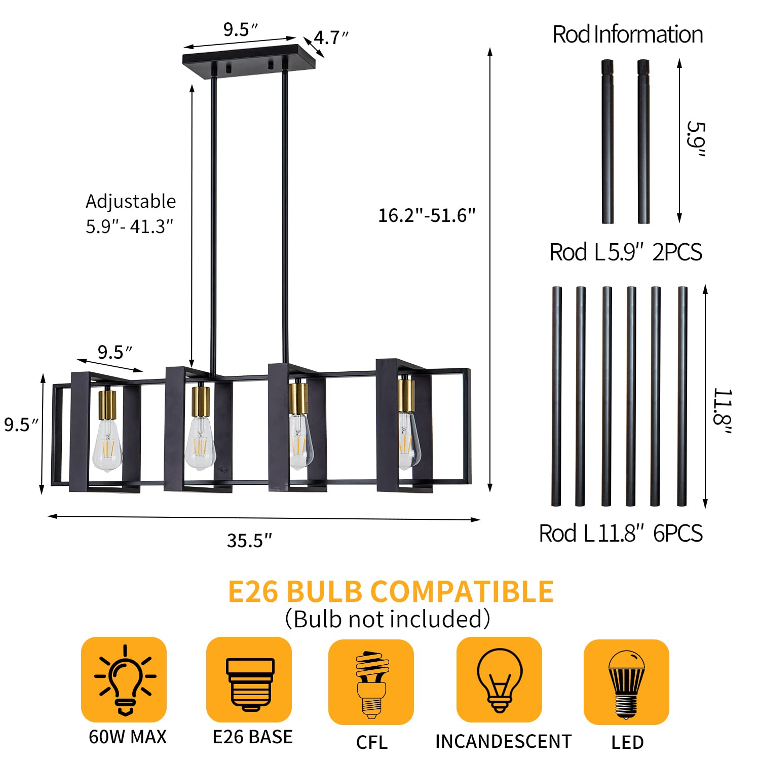 Farmhouse Kitchen Island Lighting Black Chandeliers for Dining Room Wooden Island Lights,Industrial Rectangle Light Fixtures Ceiling Hanging (4 Lights)