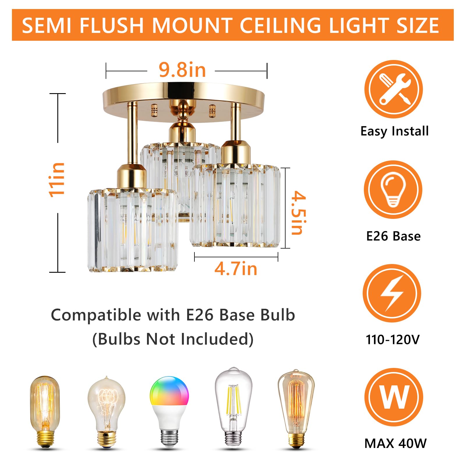 Modern Semi Flush Mount Ceiling Light,3-Light Crystal Close to Ceiling Light Fixtures,Golden Kitchen Light Fixtures with Clear Crystal Shade,Hallway Light Fixtures for Hallway Bedroom Bathroom