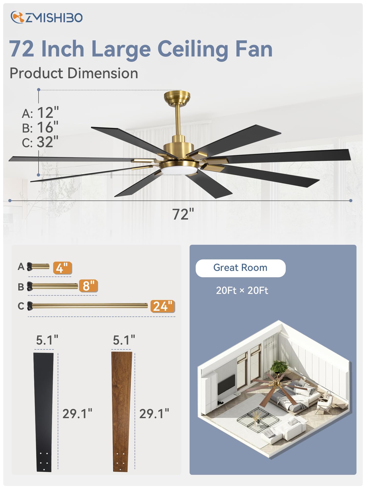 72 inch Oil Rubbed Bronze Ceiling Fans with Lights and Remote, Indoor/Outdoor Farmhouse Ceiling Fan for Living Room Patio, 6 Speed Reversible Quiet DC Motor, 3CCT, Dual Finish Blades