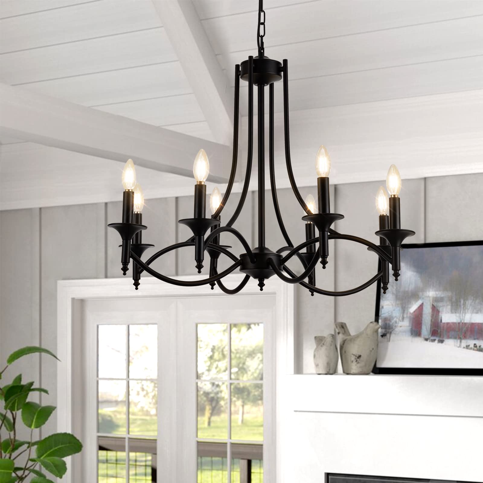 Industrial Candle Chandelier Modern Farmhouse Hanging Pendant Light Fixture with 8-Light Black Iron Classic Rural Candle Ceiling for Dining Room Living Room Bedroom Kitchen Island Foyer