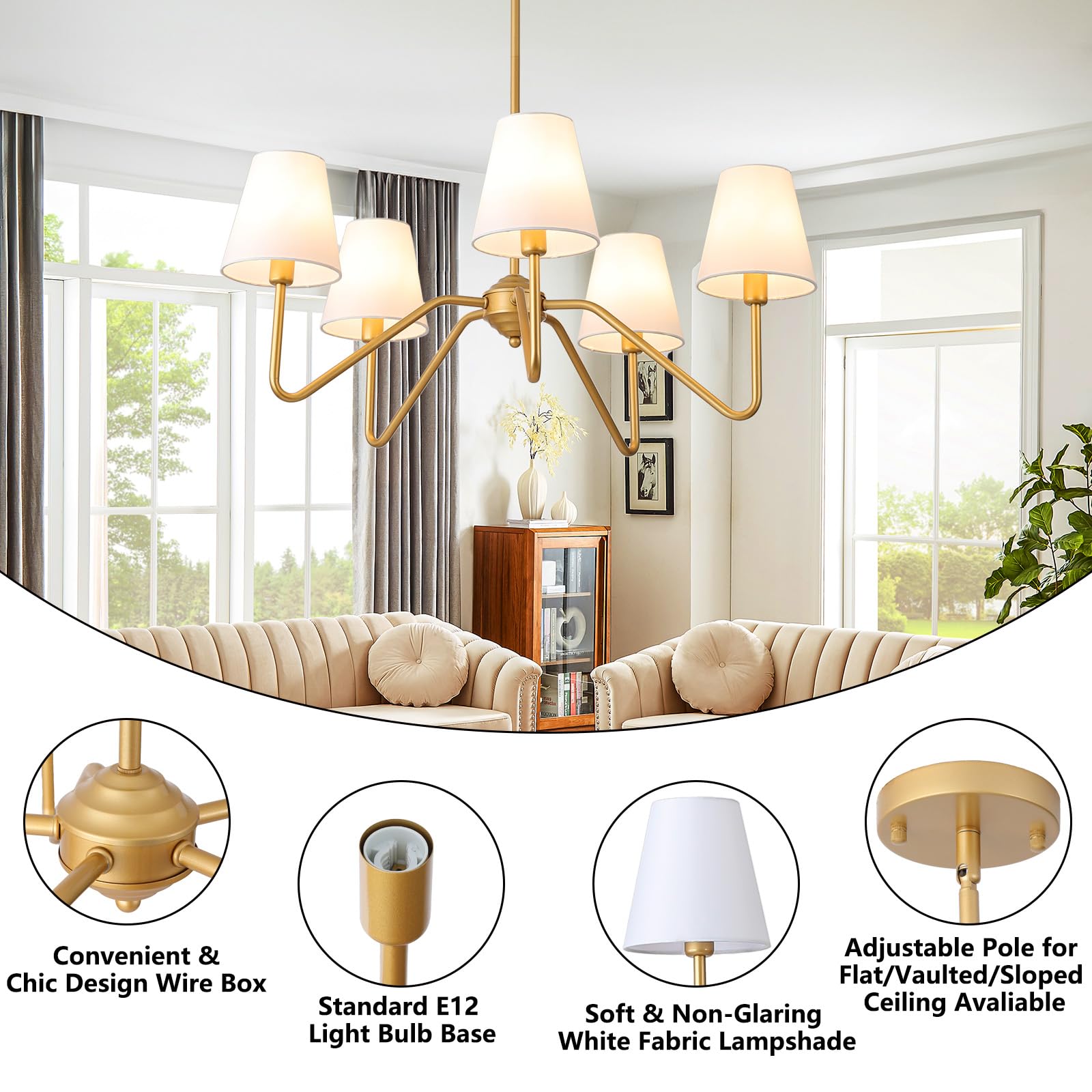 30.5" 5 Arms Gold Chandelier, 5 Lights Kitchen Island Lighting with White Fabric Shade,Dining Room Light Fixture for Hallway Entryway Foyer Living Room，E12.