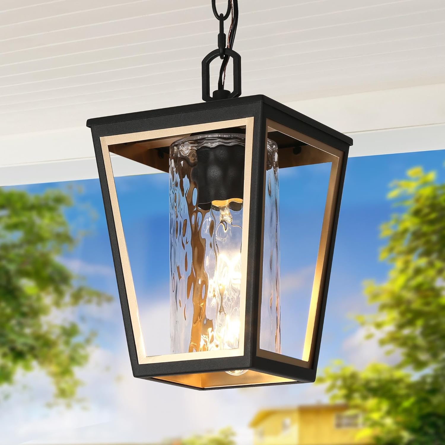 Outdoor Pendant Light, Black Gold Trapezoid Outdoor Pendant Lights for Porch with Adjustable Chain, Modern Farmhouse Anti-Rust Exterior Hanging Light with Clear Glass for Front Door, Entry, Gazebo