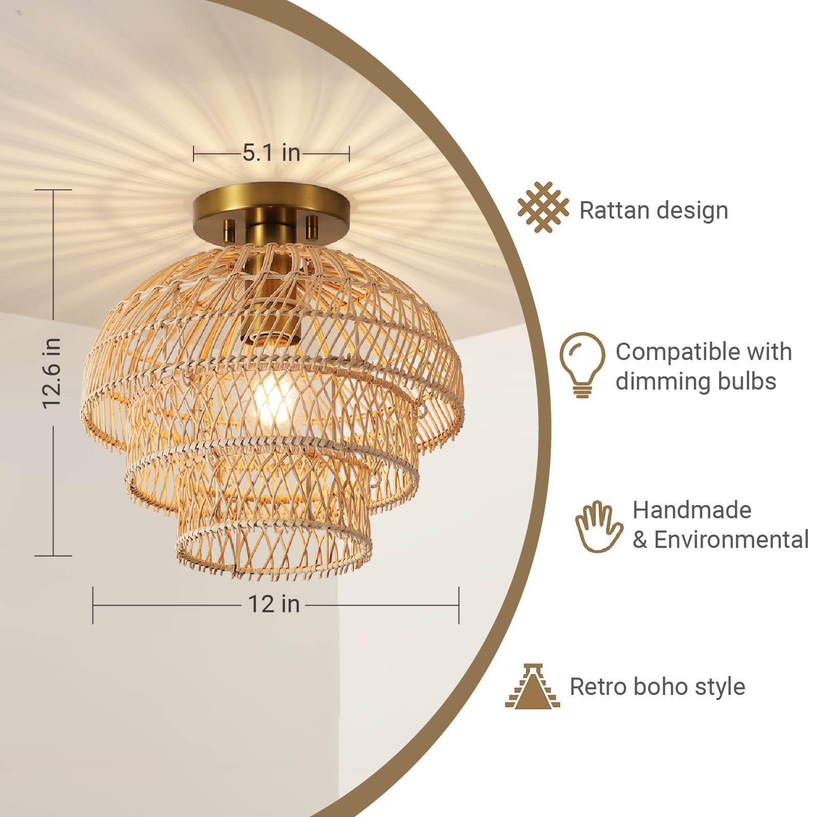 12'' Rattan Ceiling Light Fixtures Boho Chandelier Rattan Semi Flush Mount Ceiling Light with Tiered Wicker Lampshade,Farmhouse Ceiling Light Fixtures for Bedroom Entryway Living Room Nursery