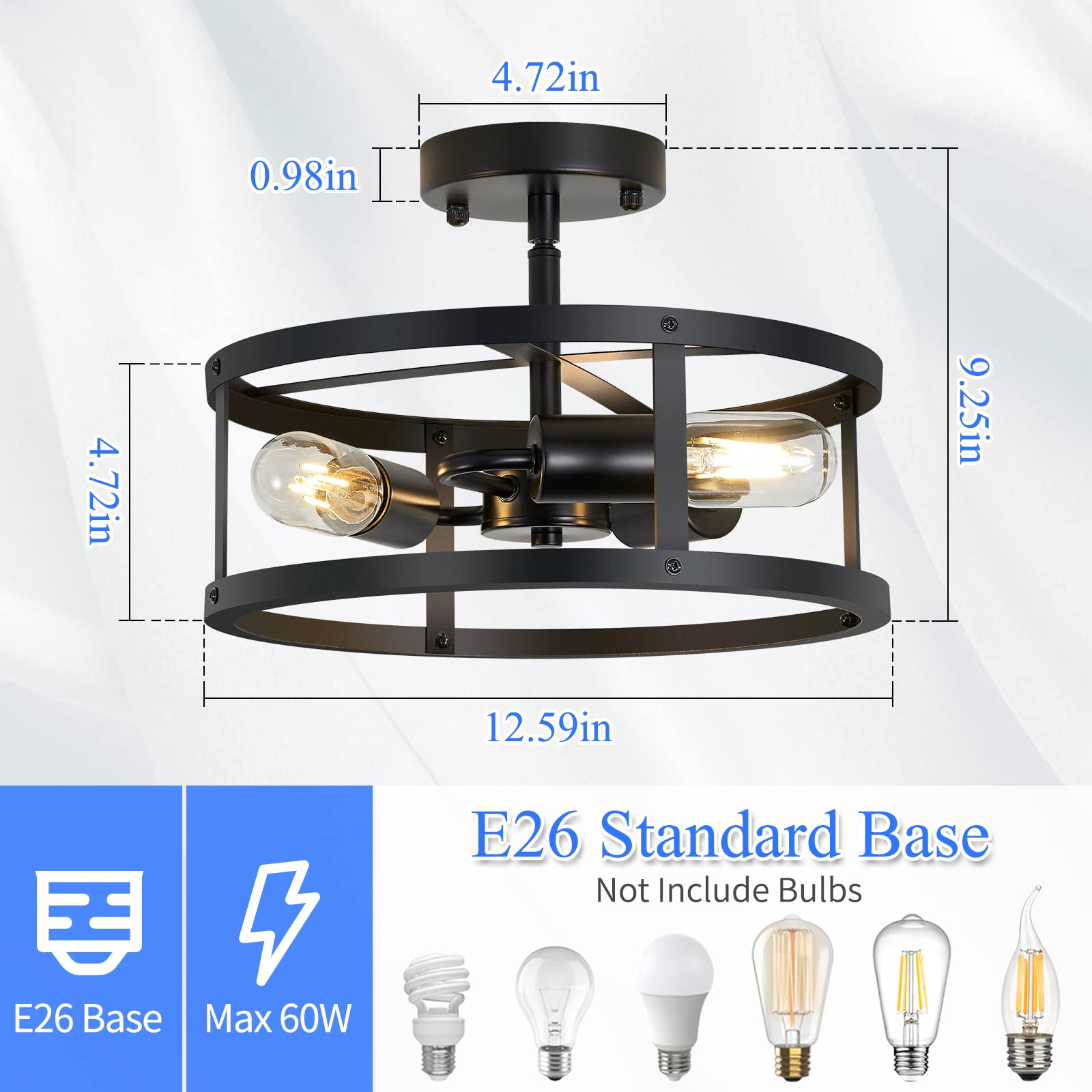 Black Semi Flush Mount Ceiling 3-Light Hallway Light Fixtures Ceiling Mount for Farmhouse,Kitchen,Hall (2 Pack)